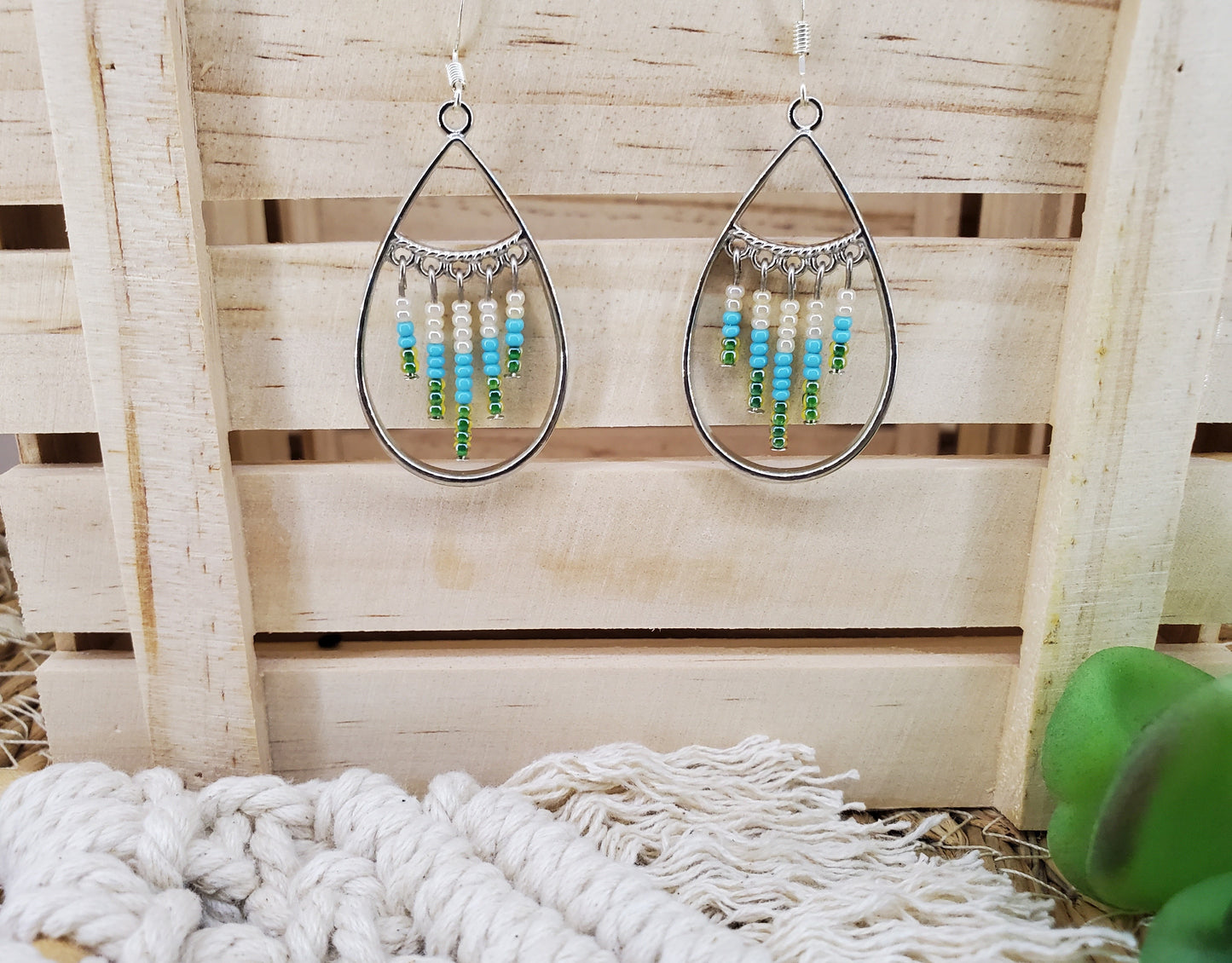 Boho Teardrop Seed Bead Fringe Earrings-Green