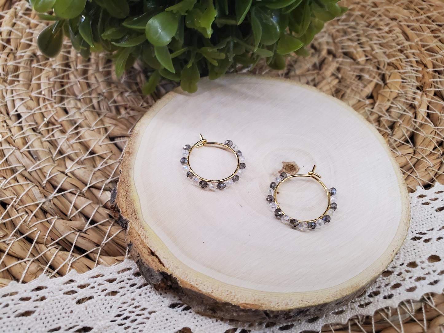 Minimalist Grey & Crystal Gold Hoops