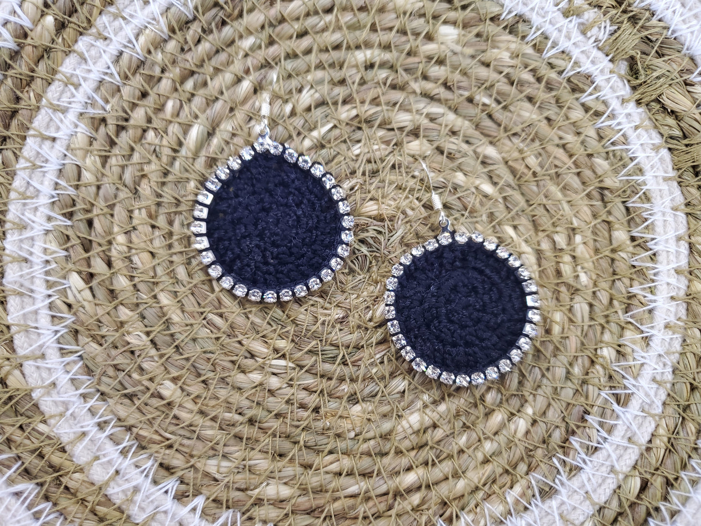 Rhinestone Crocheted Disc Earrings-Black