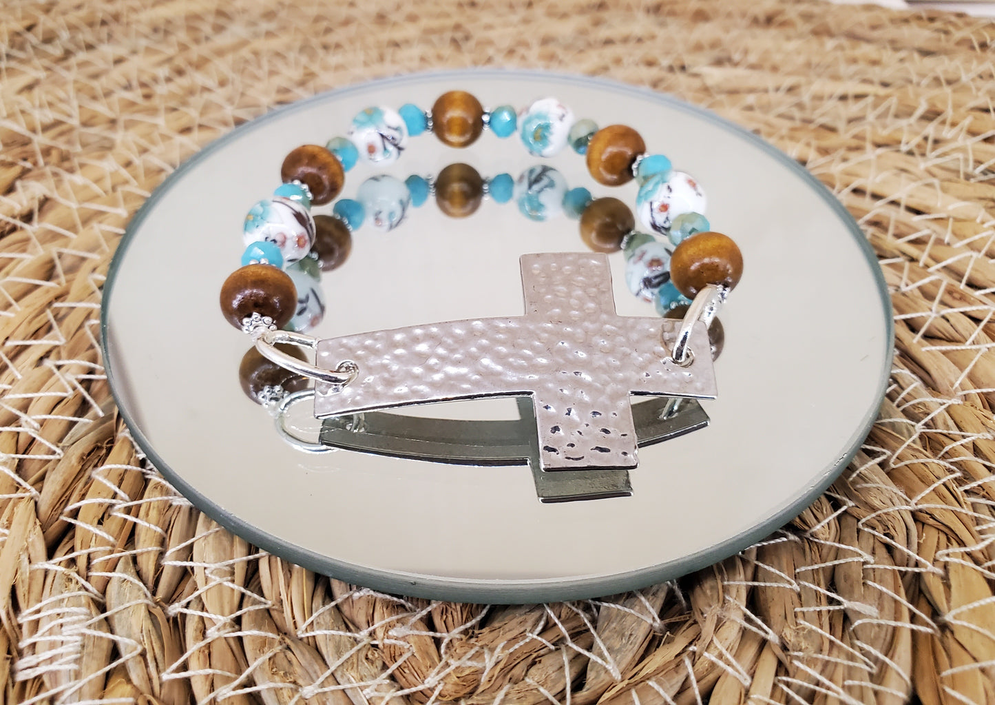 Wood & Ceramic Hammered Cross Bracelet