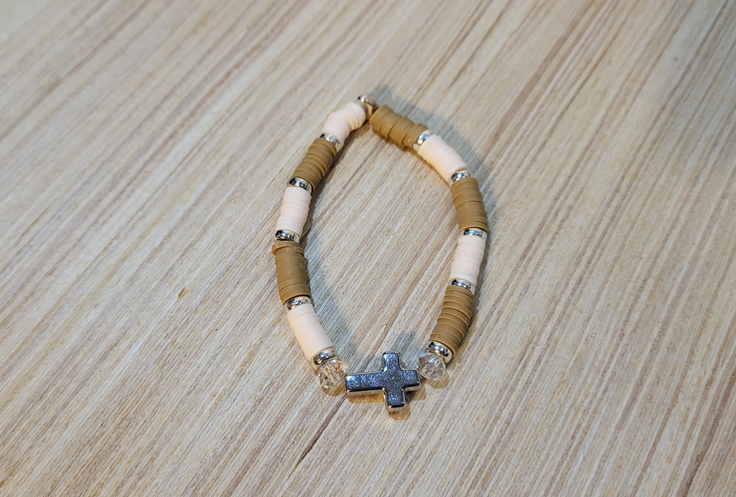 Cross & Clay Girl's Stretch Bracelets-Cream & Tan