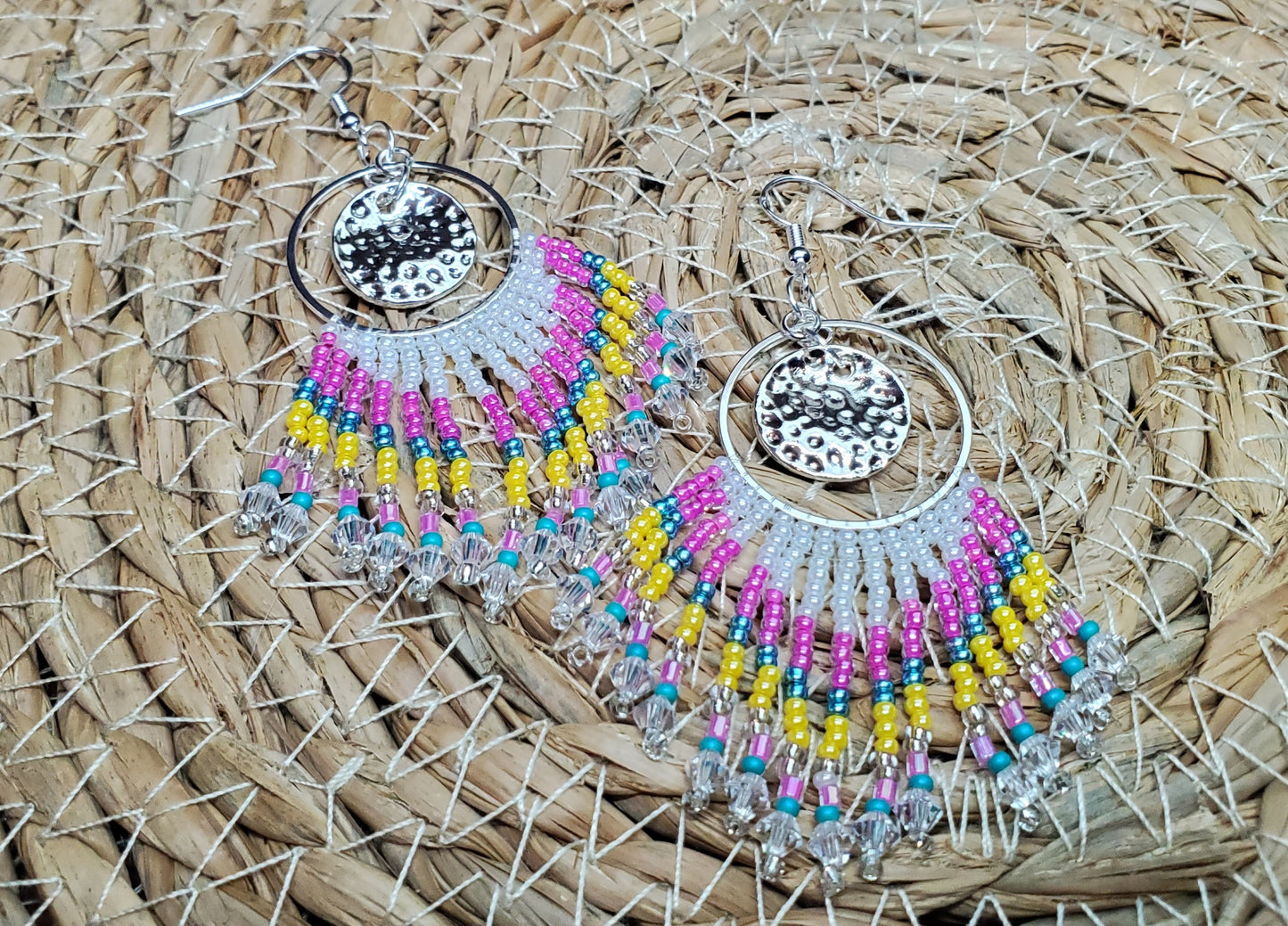 Pink & Yellow Crystal Boho Fringe Earrings