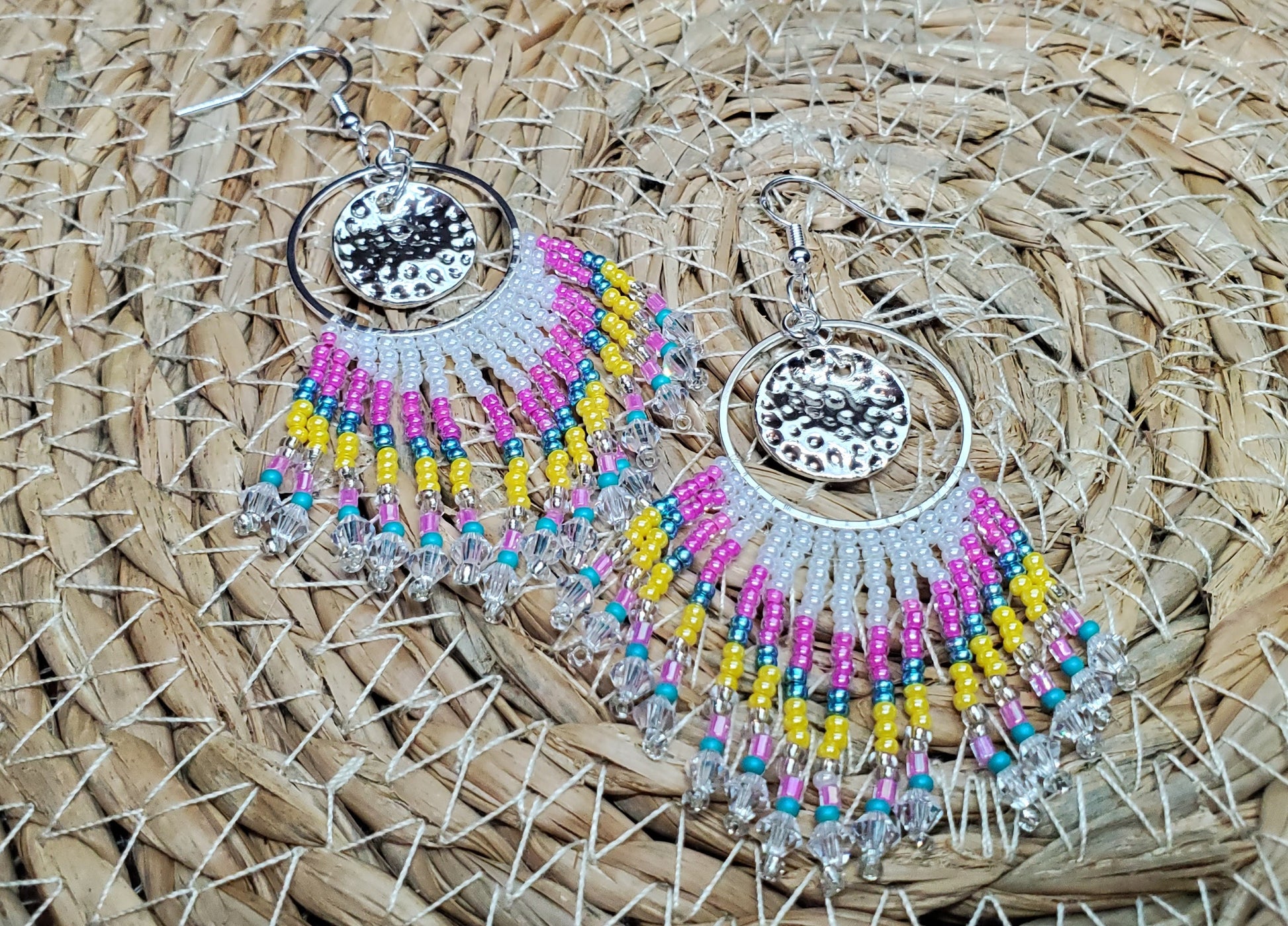 Pink & Yellow Crystal Boho Fringe Earrings