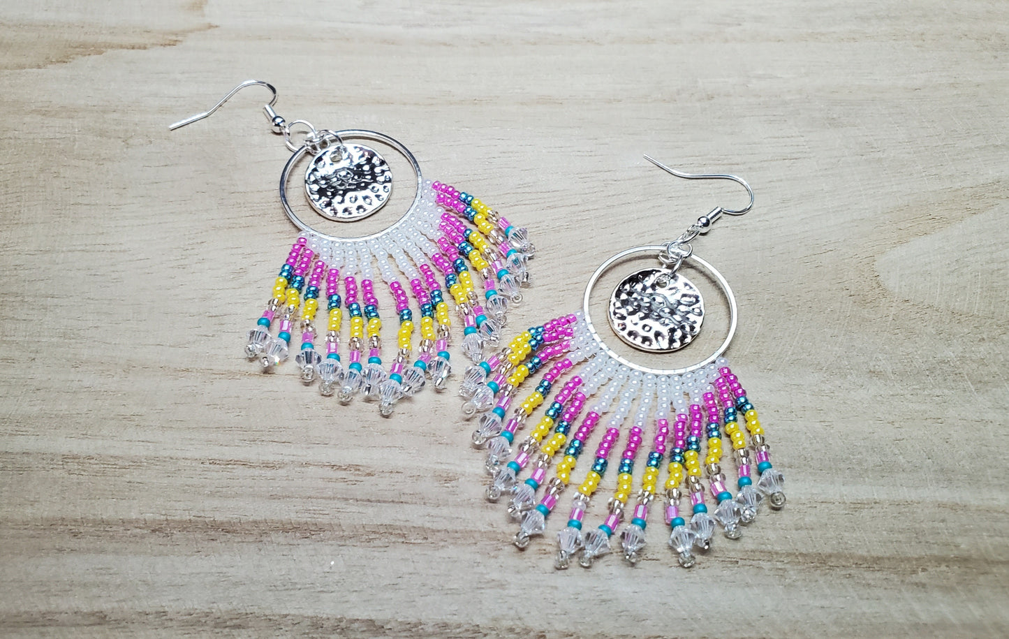 Pink & Yellow Crystal Boho Fringe Earrings