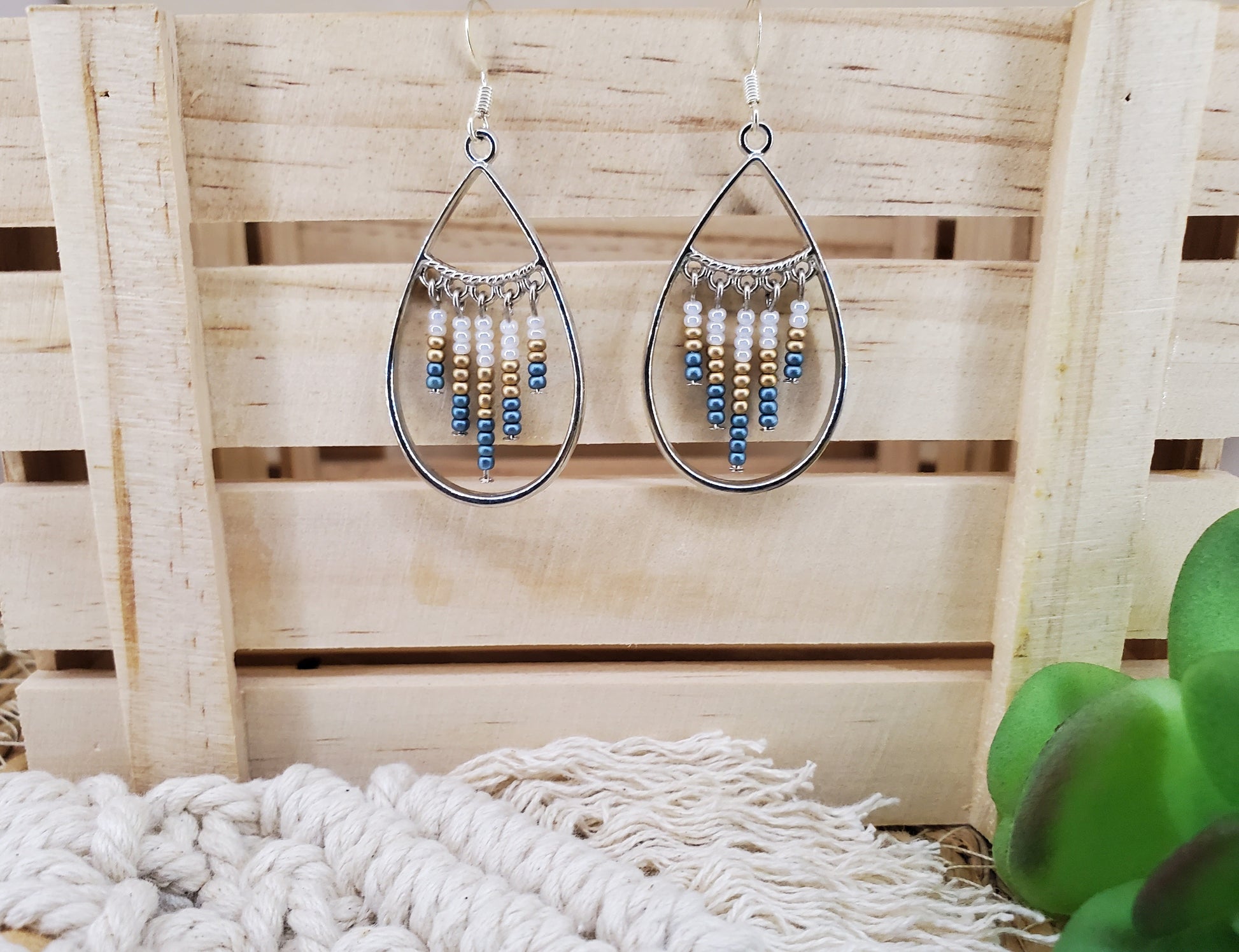 Boho Teardrop Seed Bead Fringe Earrings-Denim