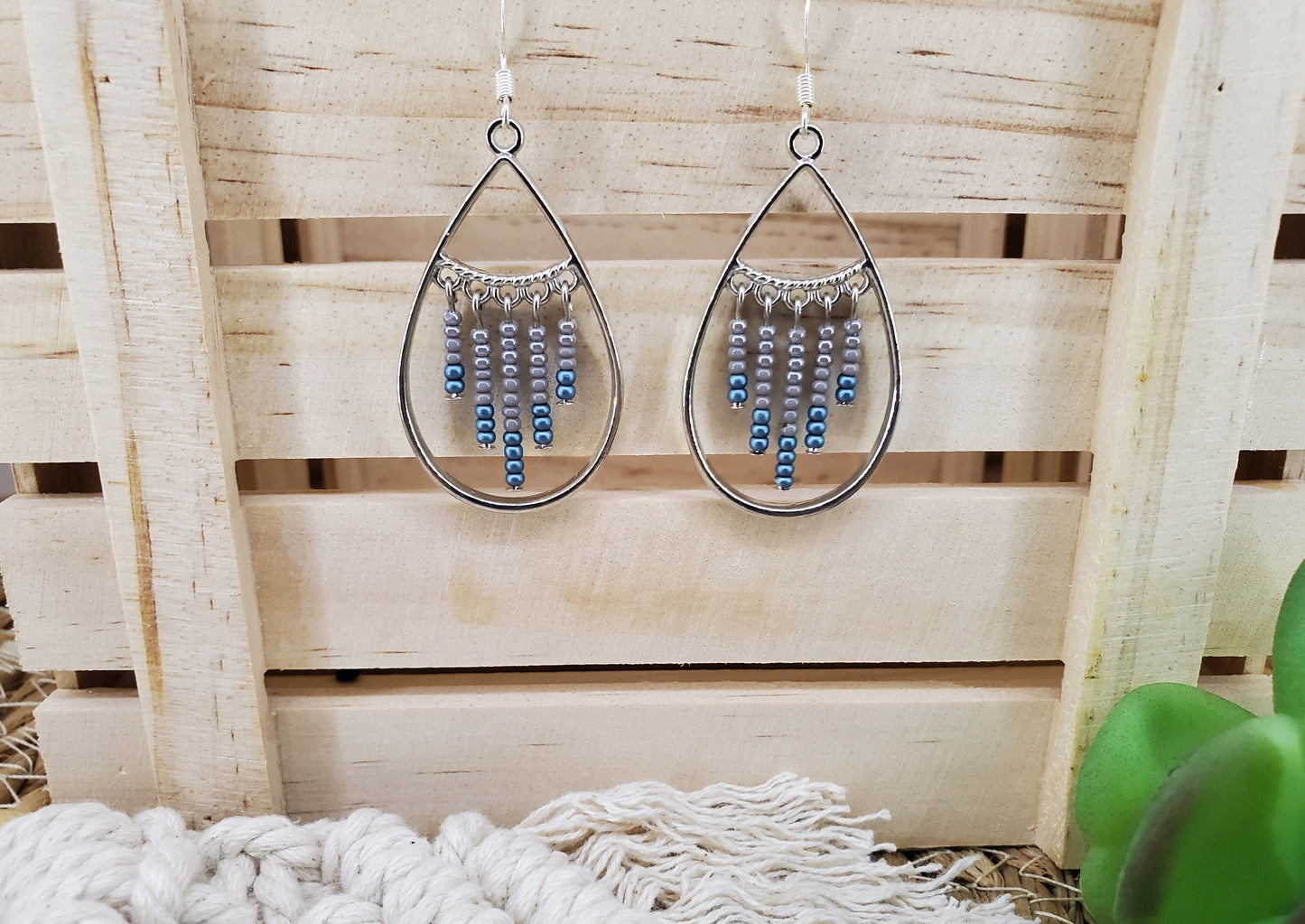 Boho Teardrop Seed Bead Fringe Earrings-Gray