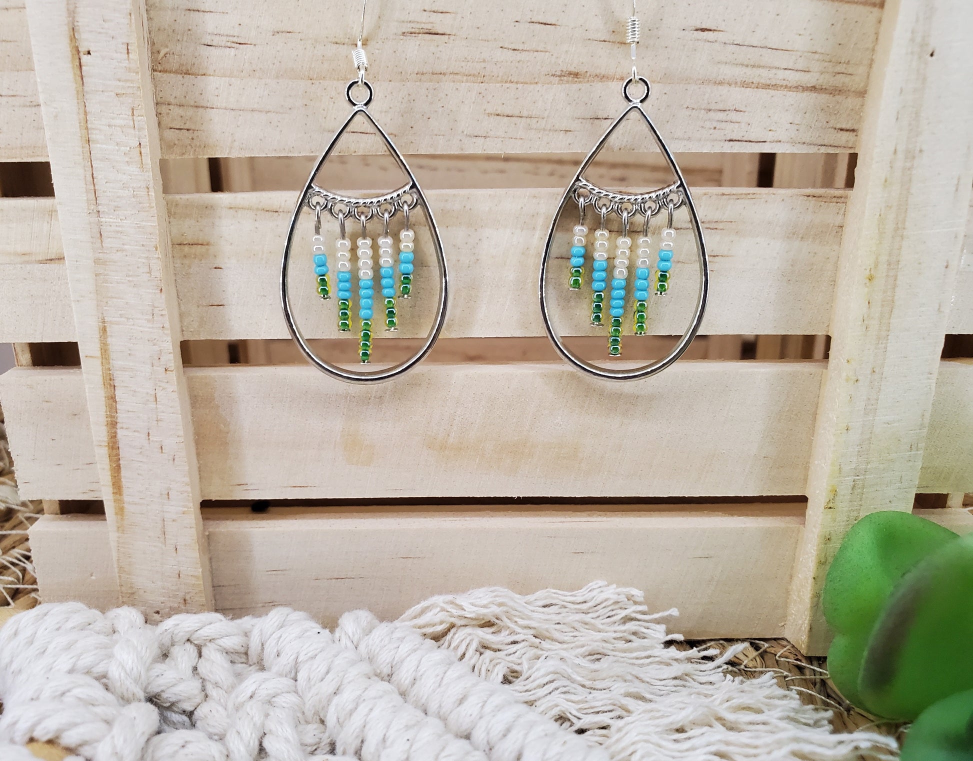 Boho Teardrop Seed Bead Fringe Earrings-Green