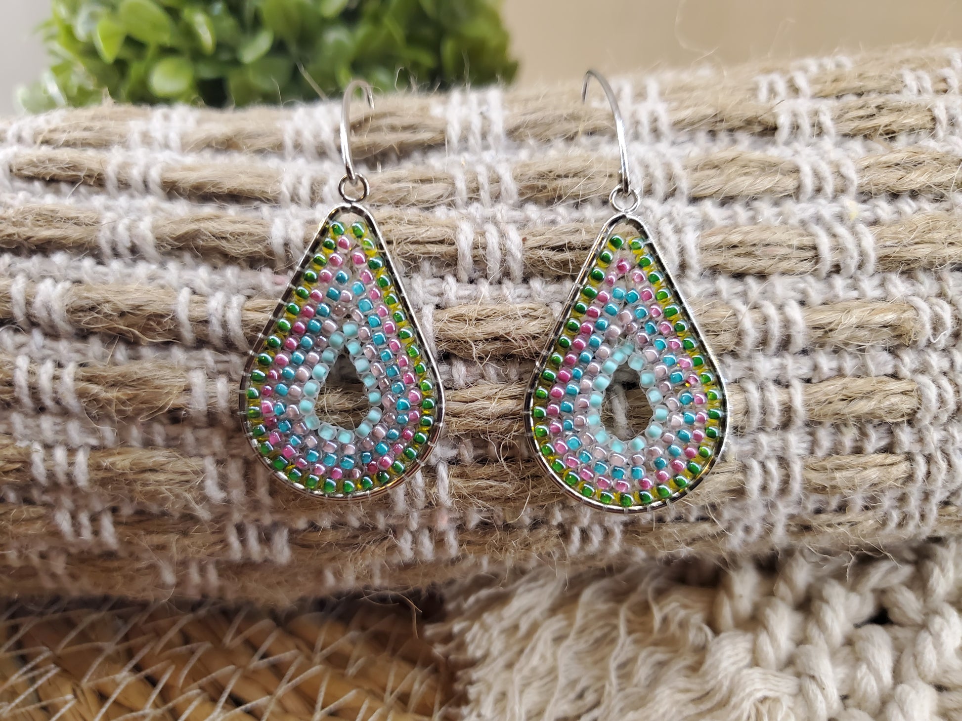 Boho Seed Bead Teardrop Earrings-Green