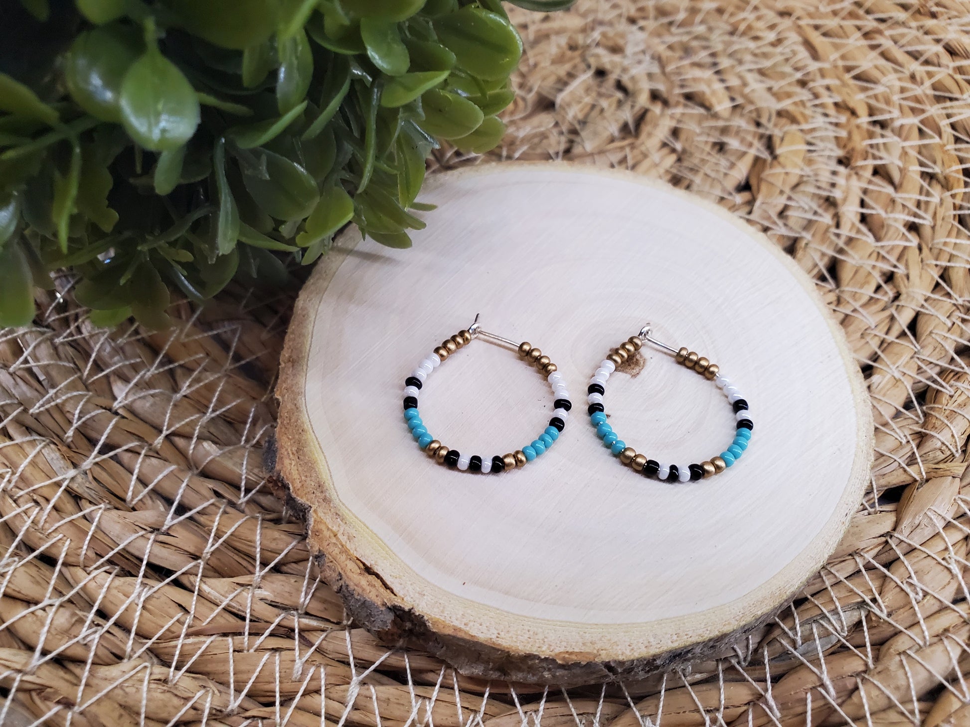 Boho Seed Bead Multi-Colored Hoops Earrings-Teal