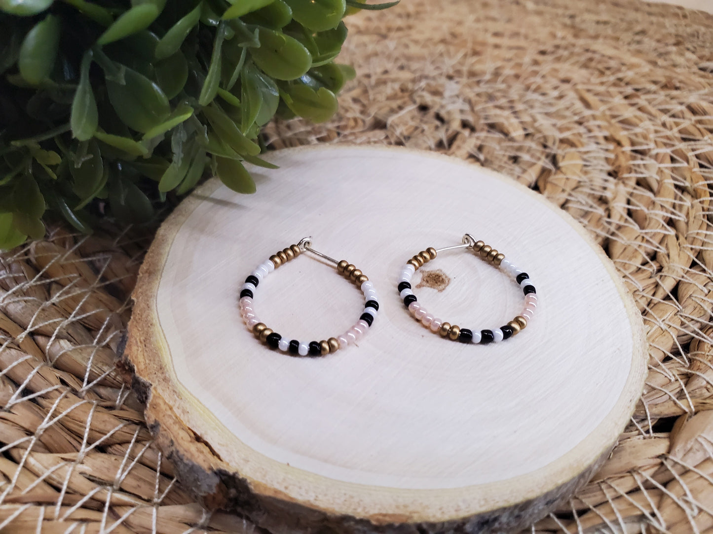 Boho Seed Bead Multi-Colored Hoops Earrings-Pearl Pink