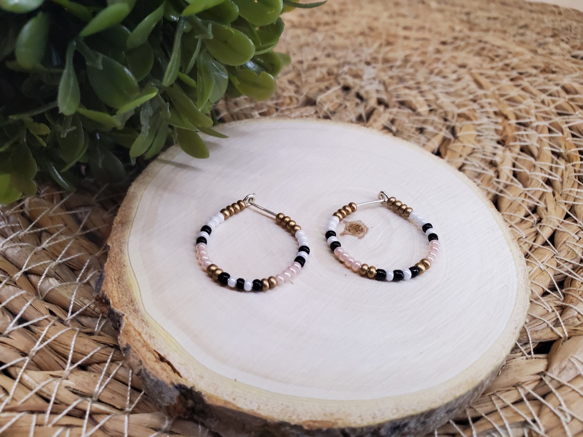 Boho Seed Bead Multi-Colored Hoops Earrings-Pearl Pink