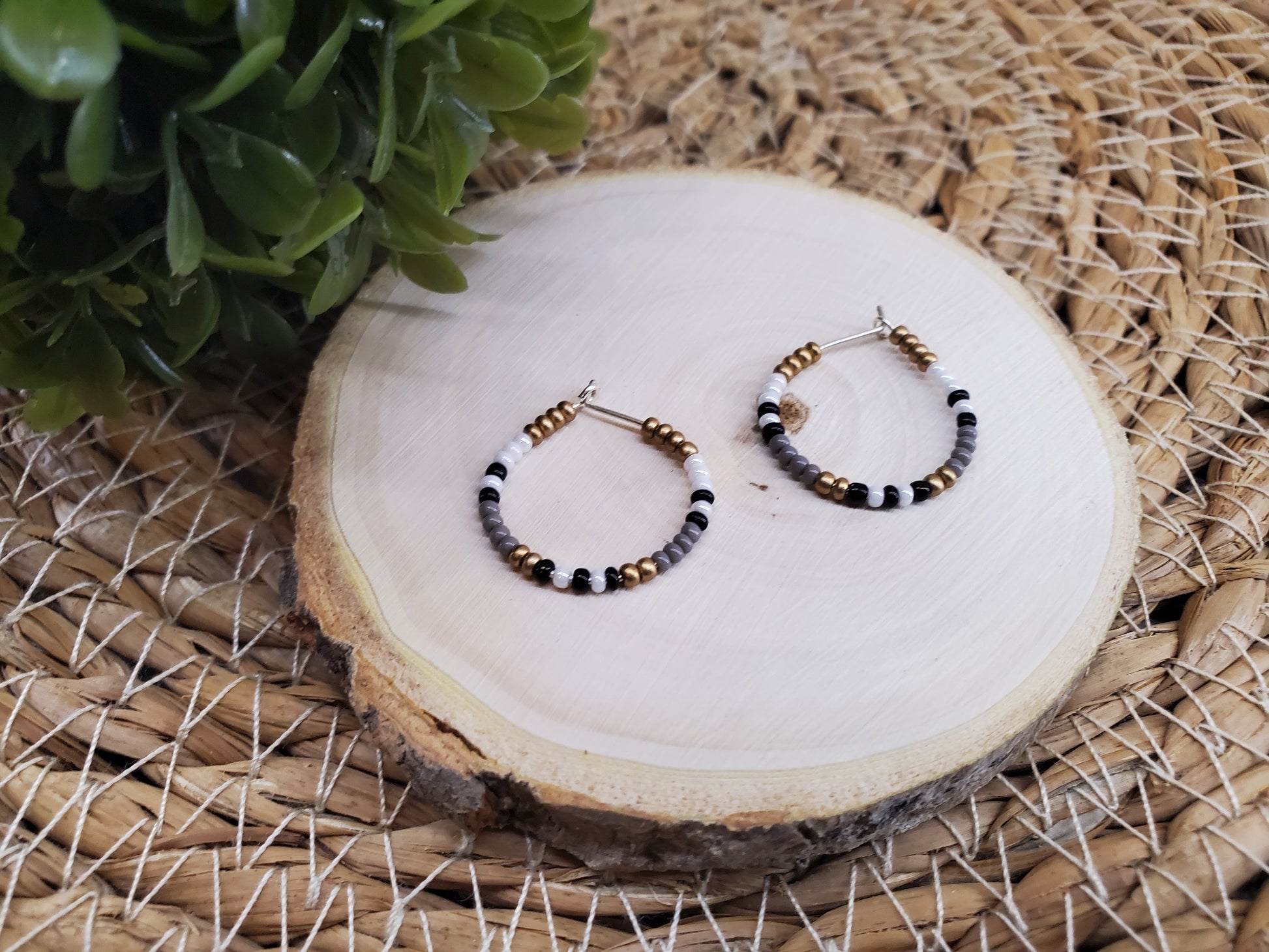 Boho Seed Bead Multi-Colored Hoops Earrings-Gray