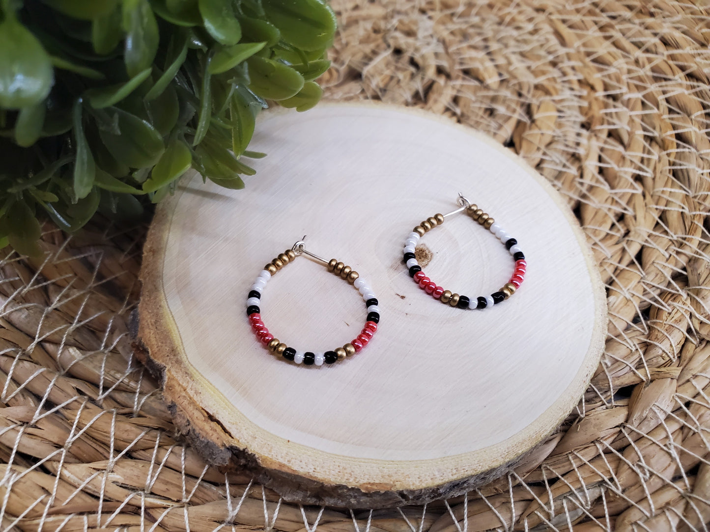 Boho Seed Bead Multi-Colored Hoops Earrings-Pearl Red