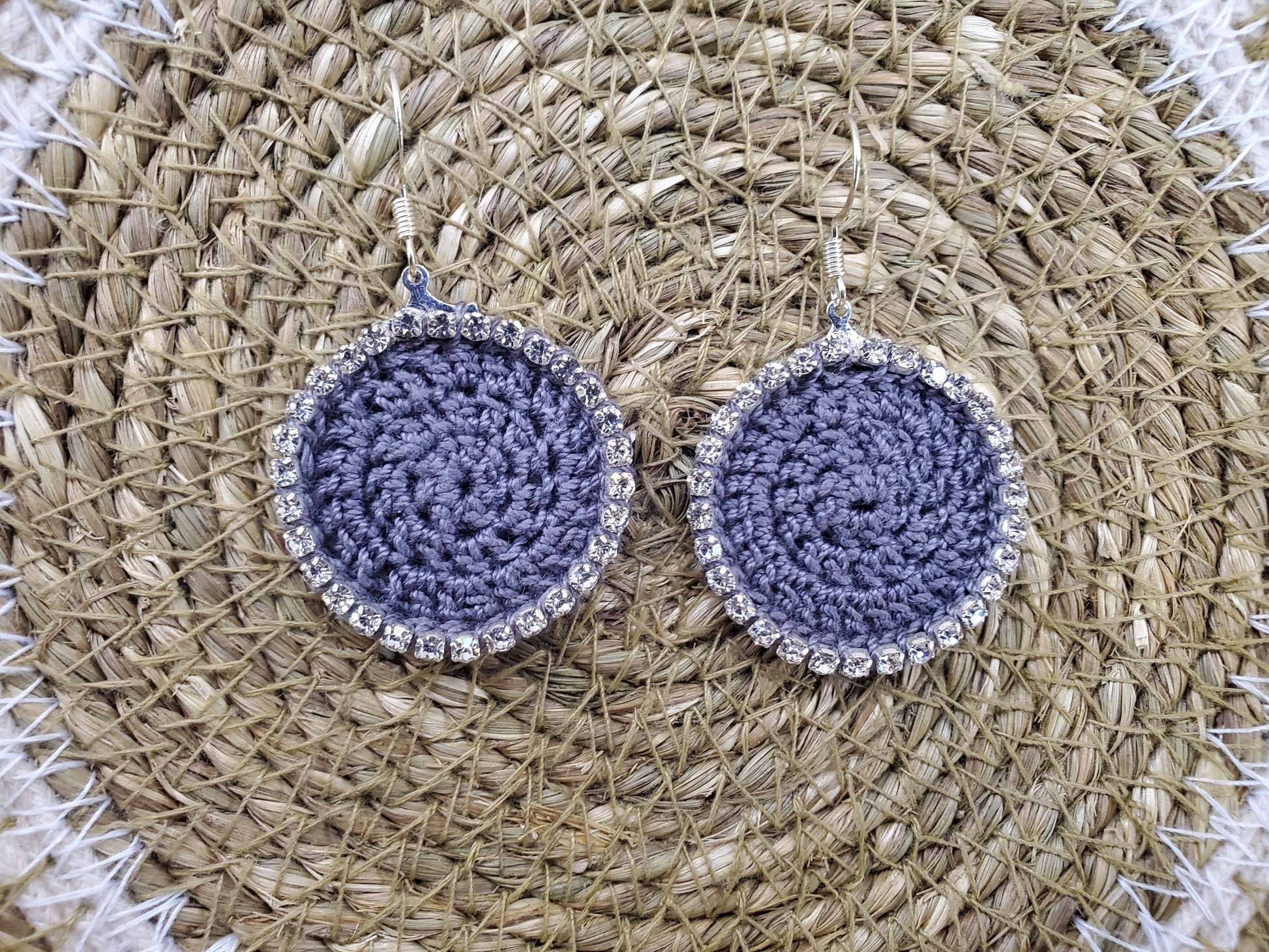 Rhinestone Crocheted Disc Earrings-Gray