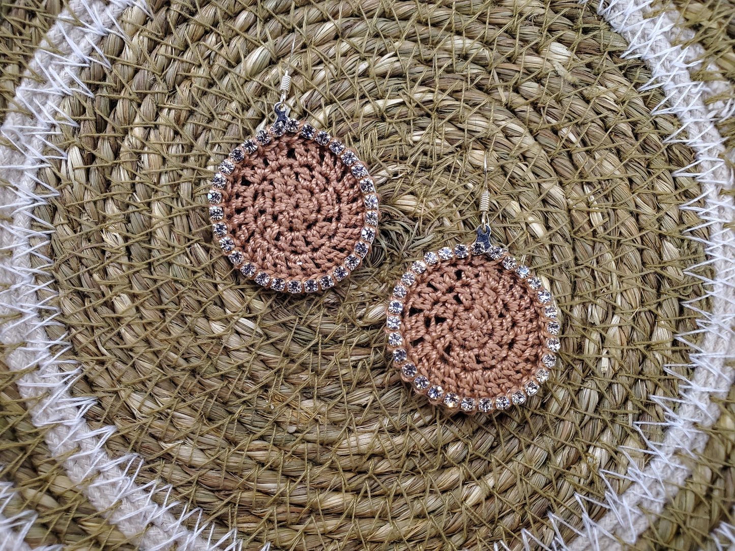 Rhinestone Crocheted Disc Earrings-Camel