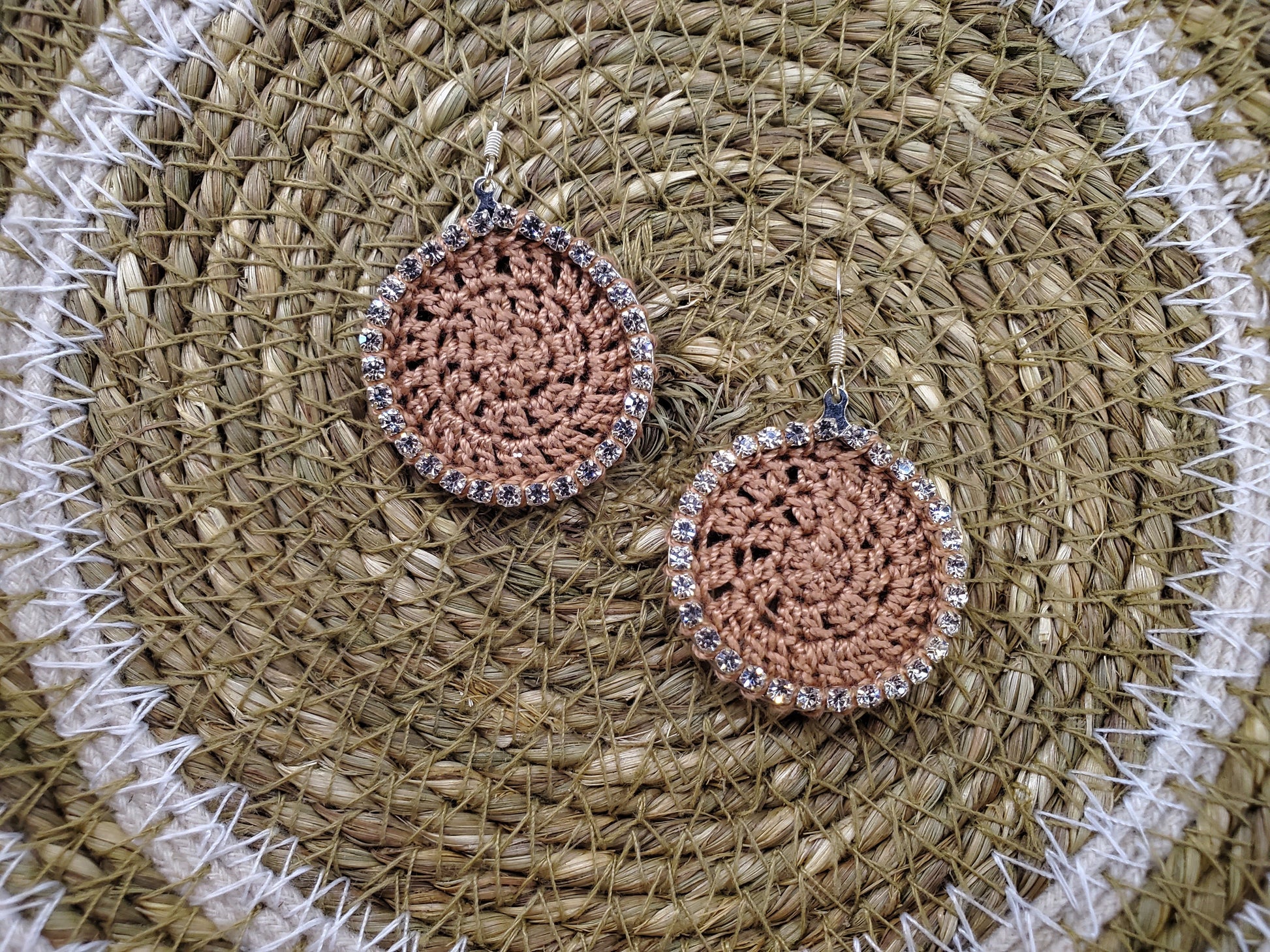 Rhinestone Crocheted Disc Earrings-Camel