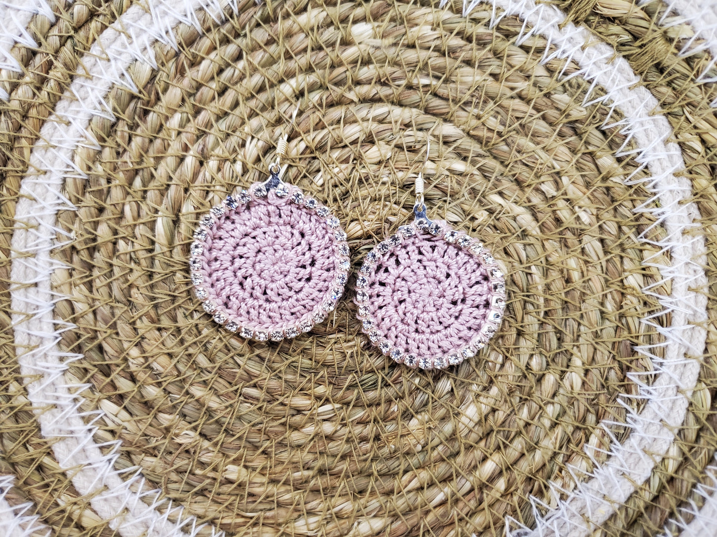Rhinestone Crocheted Disc Earrings-Mauve