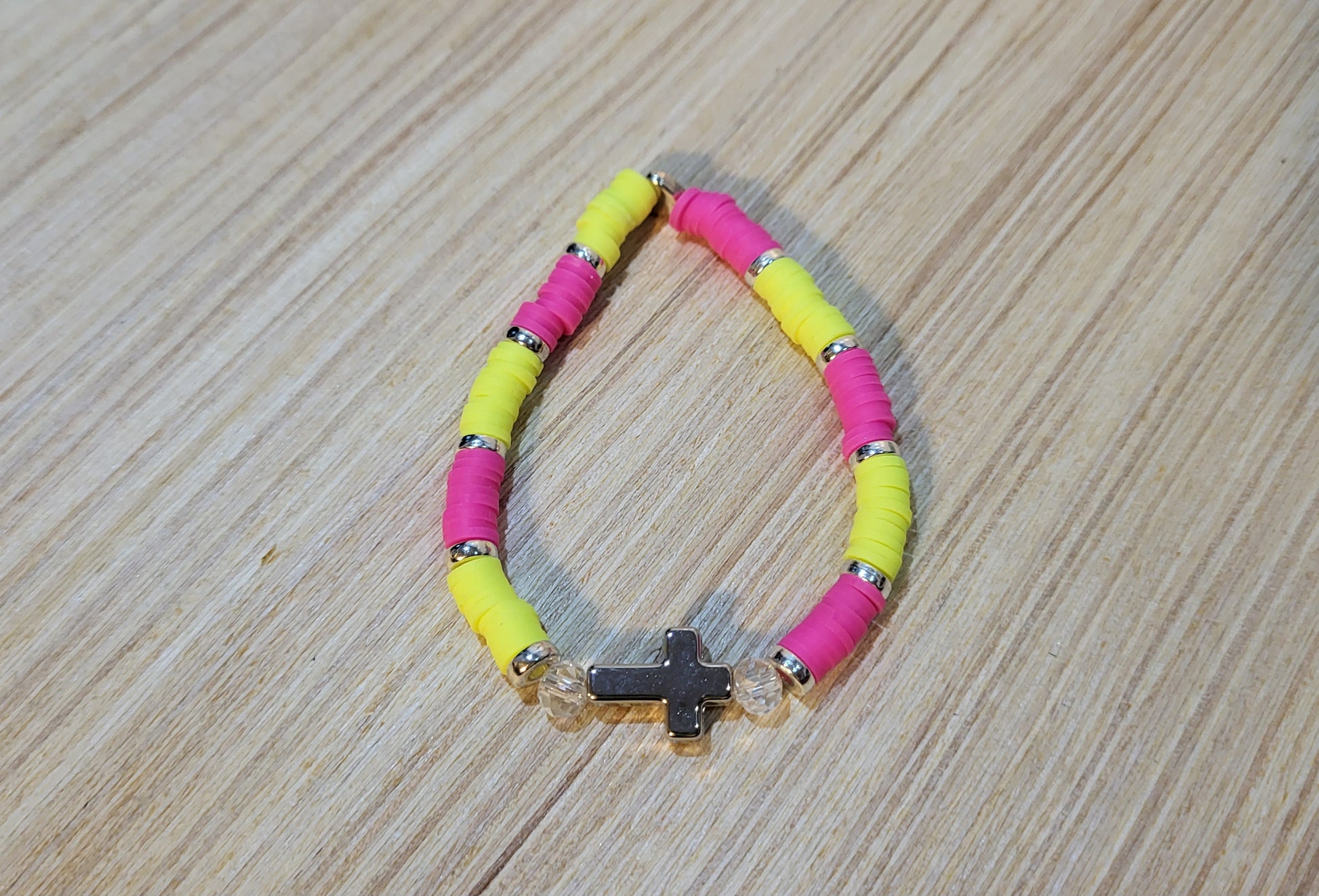 Cross & Clay Girl's Stretch Bracelets-Pink & Yellow