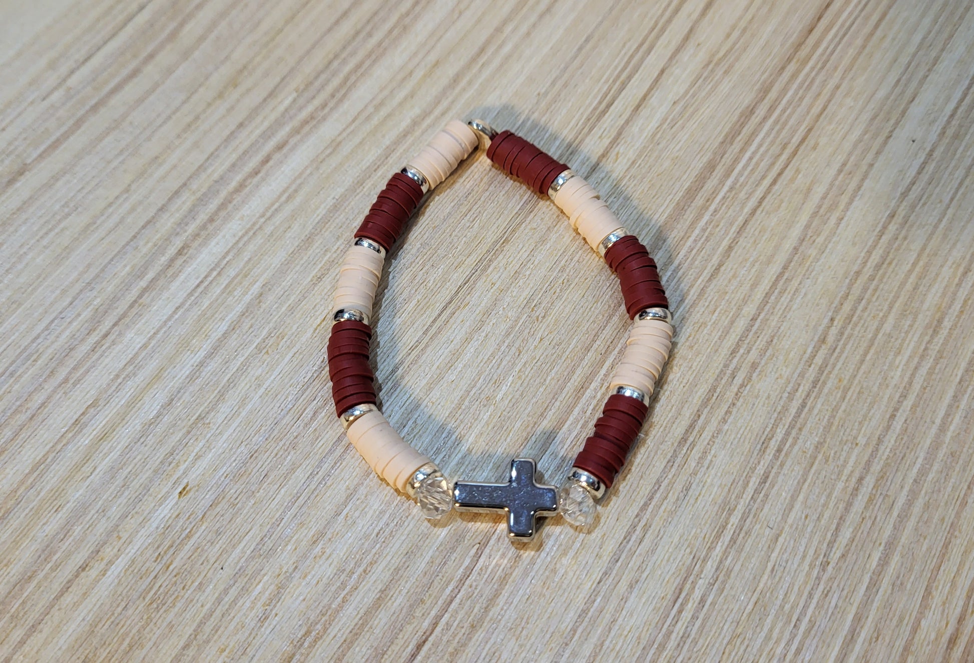 Cross & Clay Girl's Stretch Bracelets-Beige & Burgundy