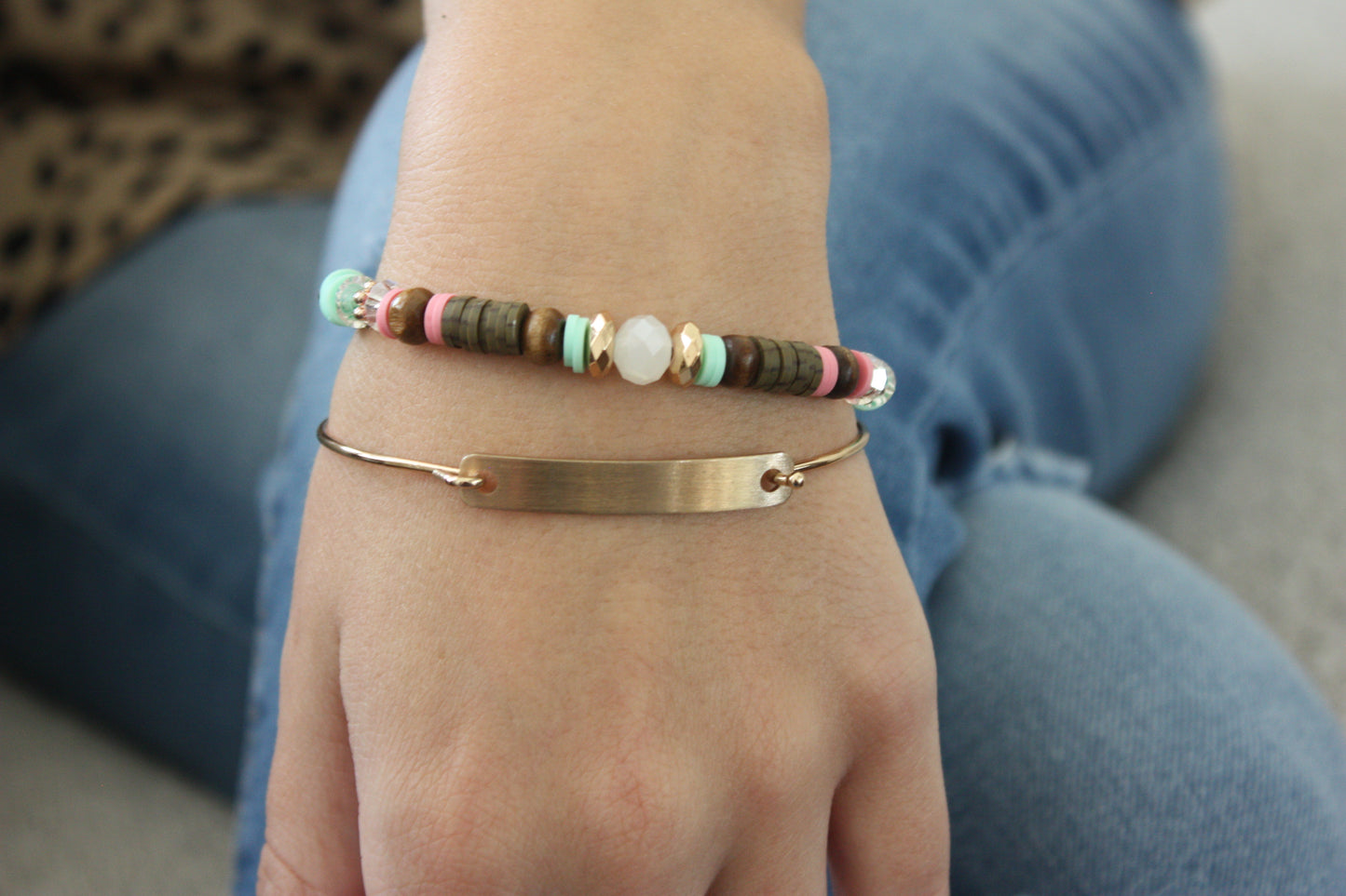 Clay & Crystal Personalized Bracelet Set- Brown