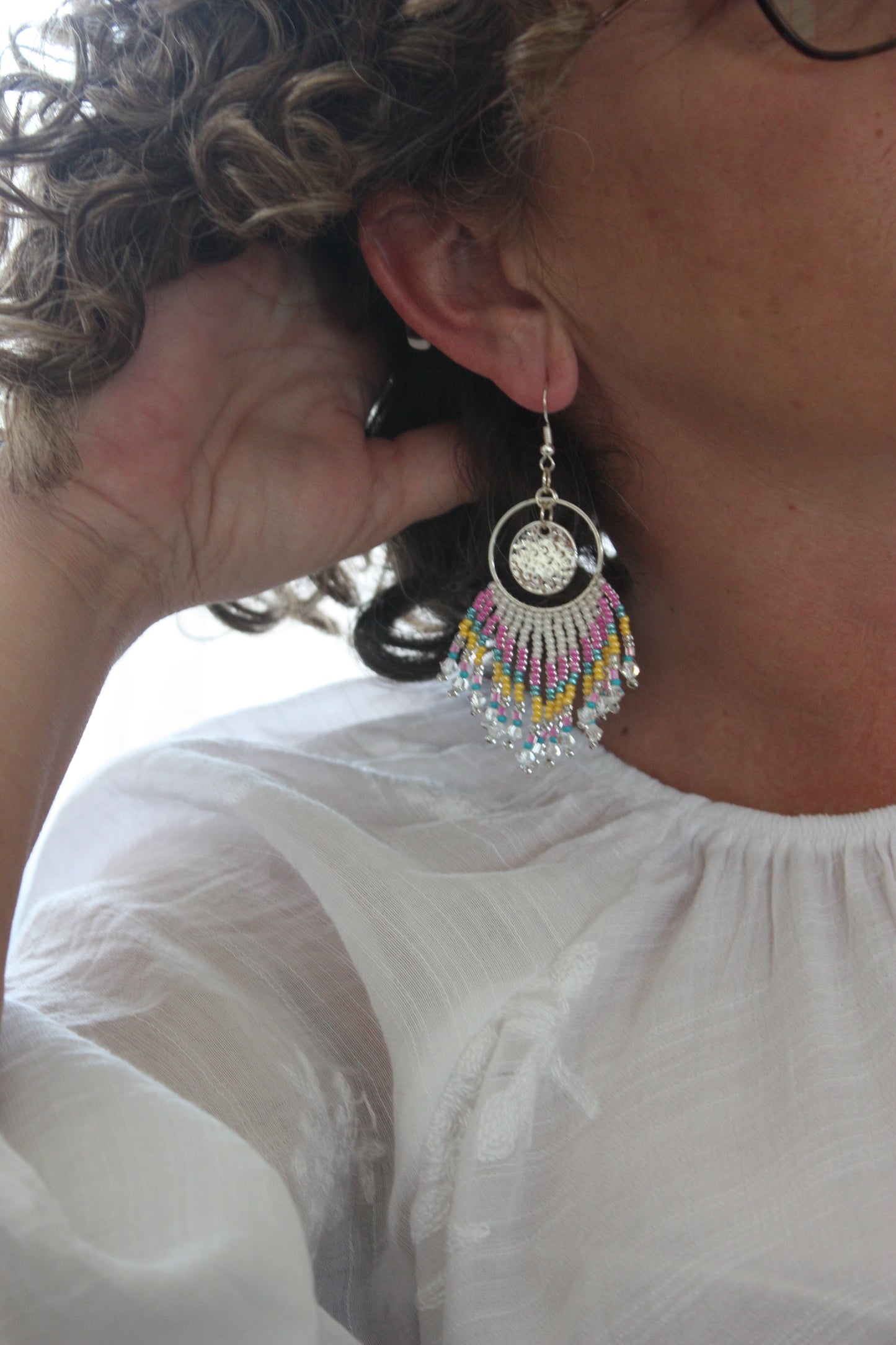 Pink & Yellow Crystal Boho Fringe Earrings