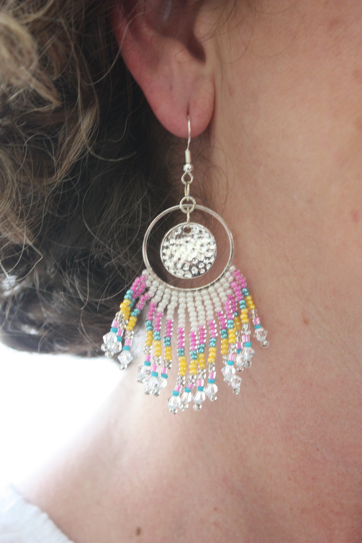 Pink & Yellow Crystal Boho Fringe Earrings