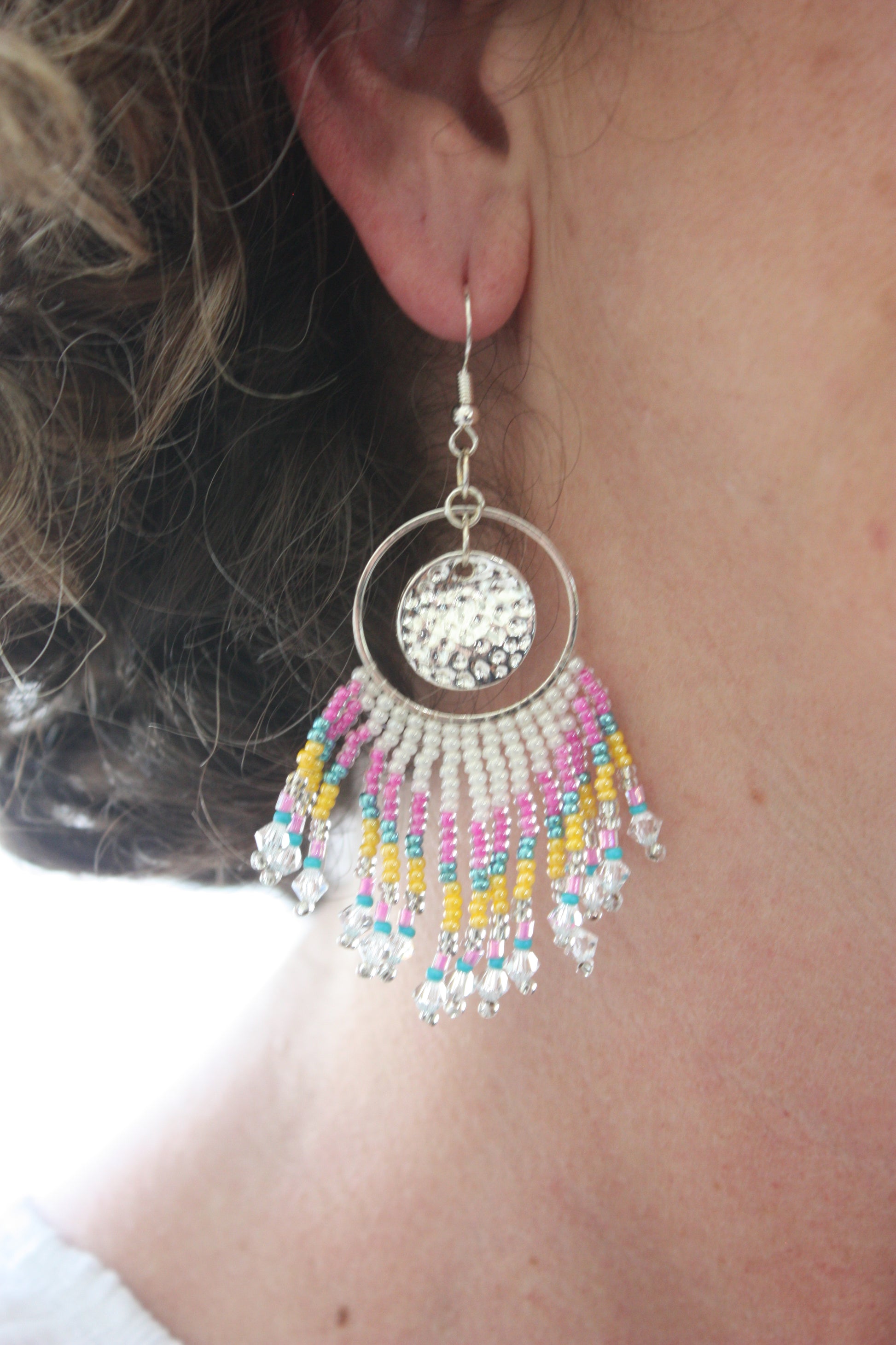 Pink & Yellow Crystal Boho Fringe Earrings