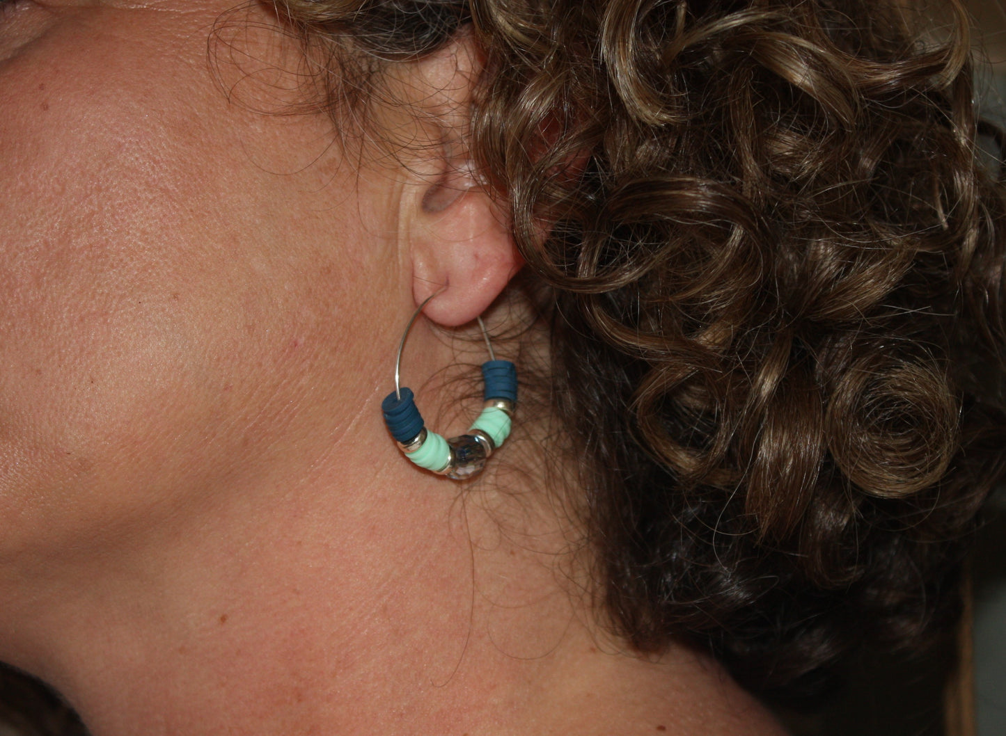 Clay & Crystal Hoop Earrings- Navy & Mint