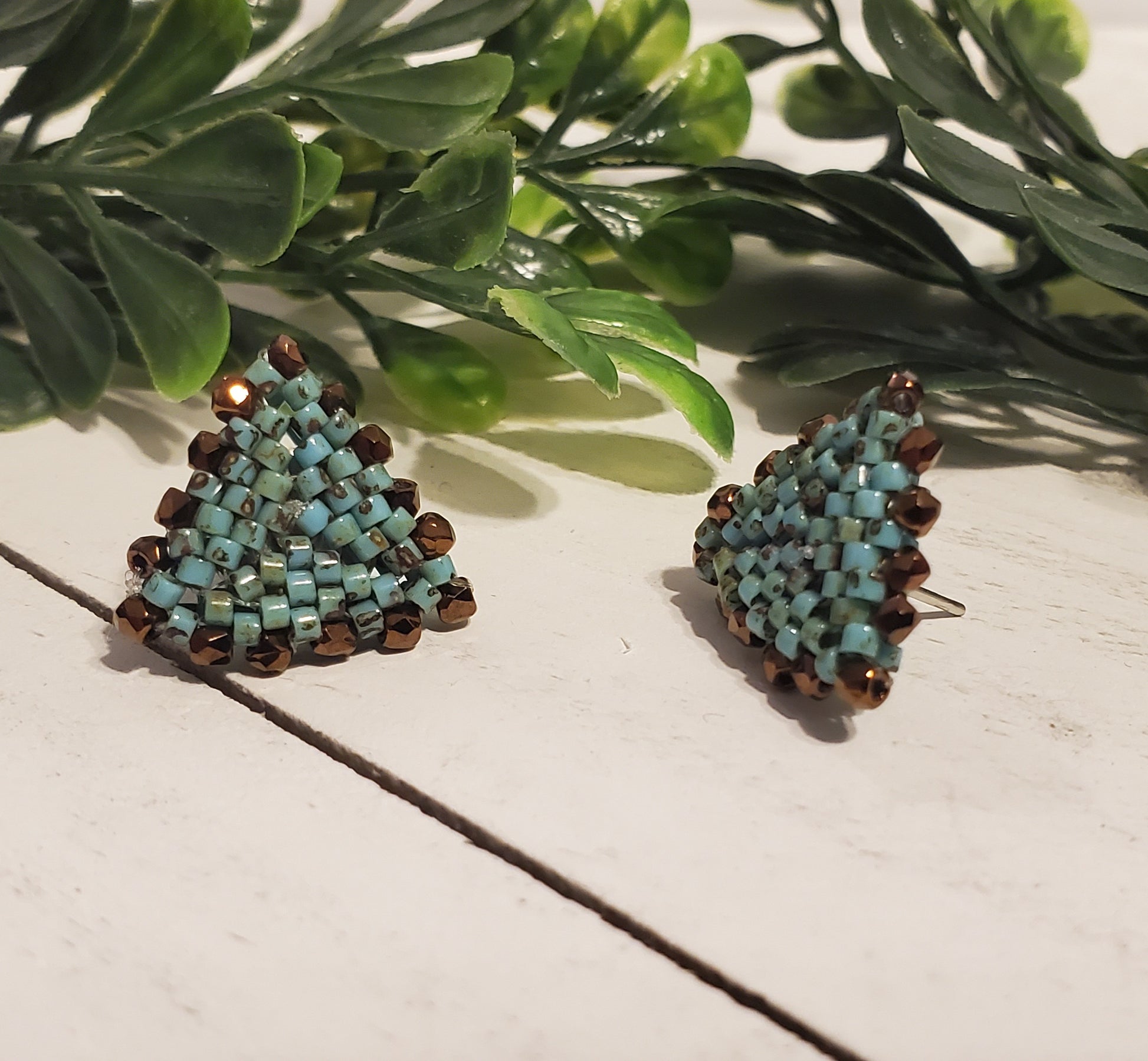 Triangle Patchwork Quilt Studs- Turquoise & Bronze