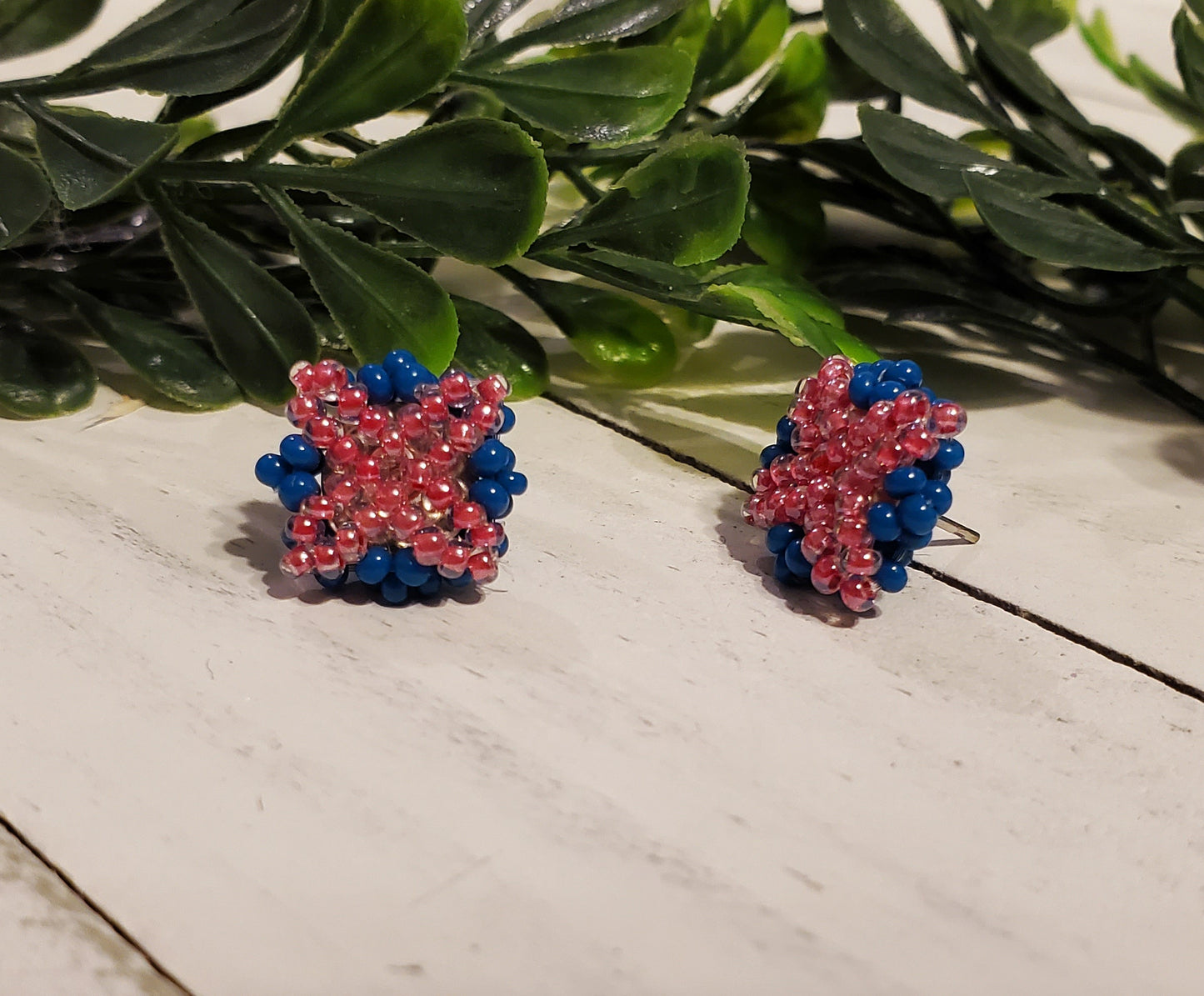 Handstitched Patchwork Studs-Royal & Raspberry