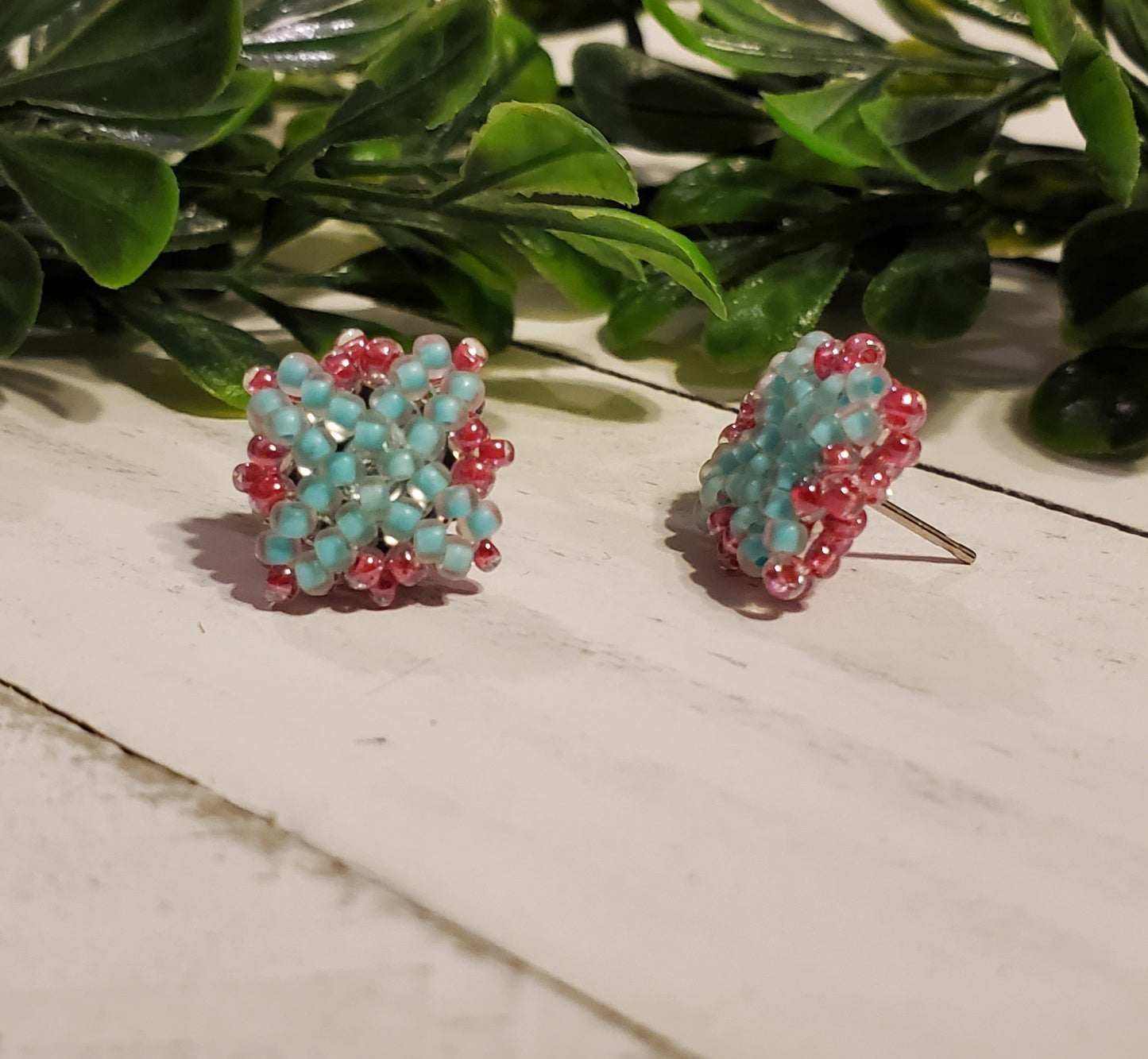 Handstitched Patchwork Studs-Raspberry & Mint