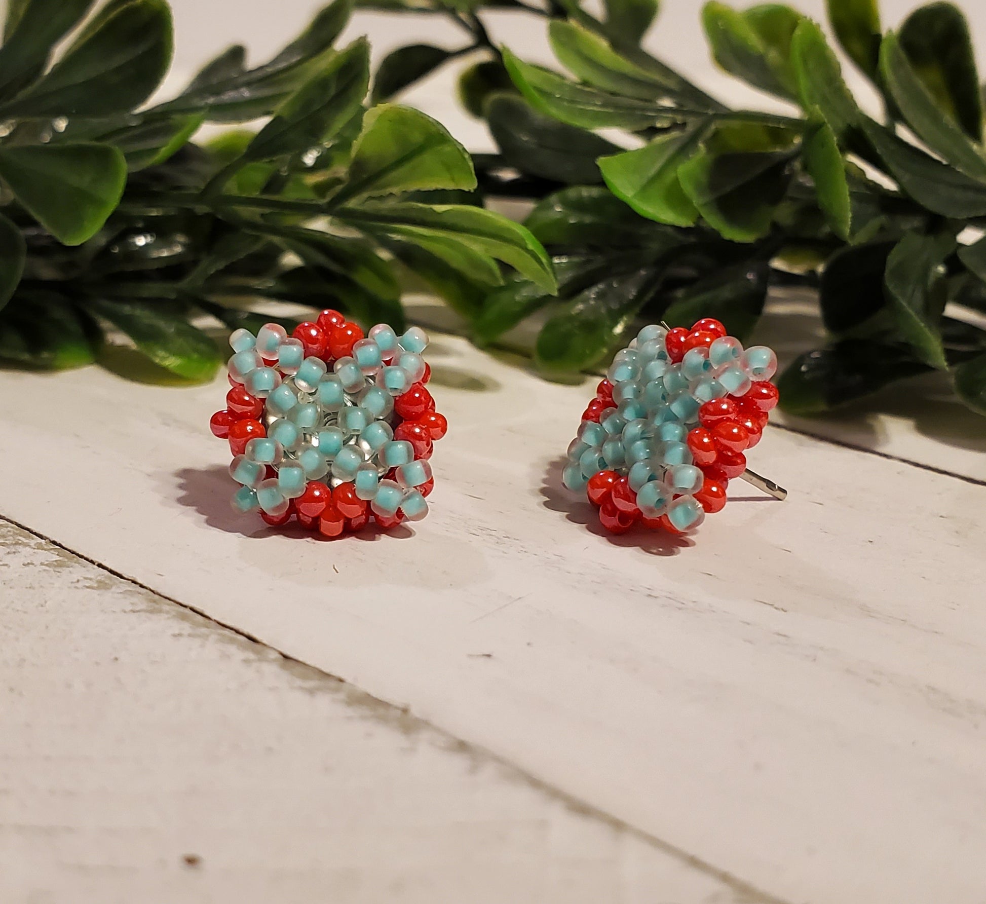 Handstitched Patchwork Studs-Mint & Coral