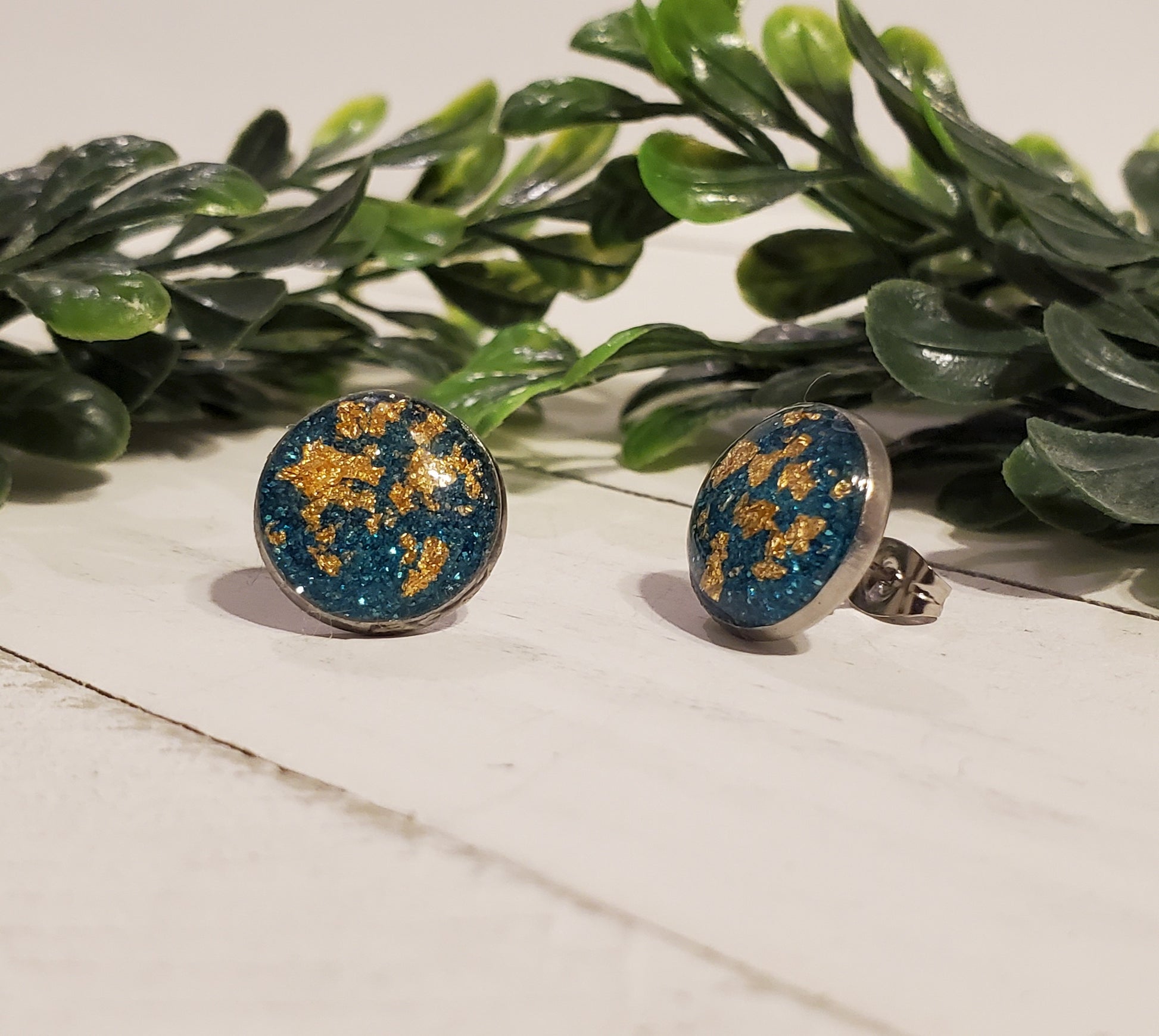 Gold Flake Studs-Aqua