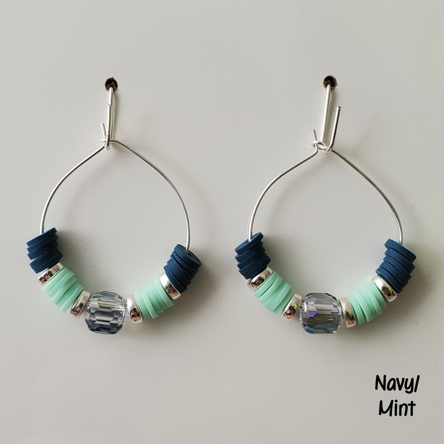 Clay & Crystal Hoop Earrings-Navy & Mint