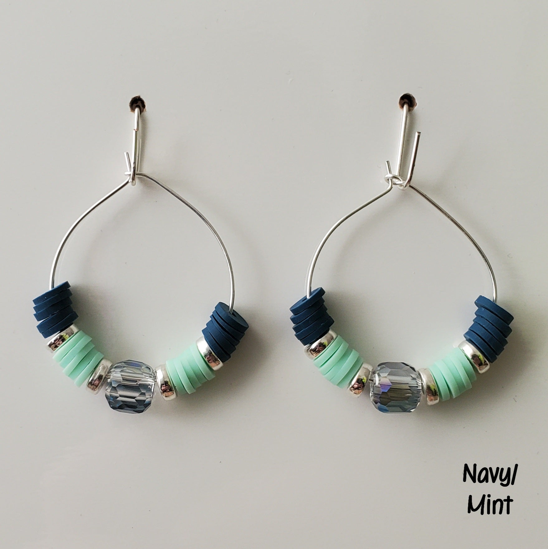 Clay & Crystal Hoop Earrings-Navy & Mint