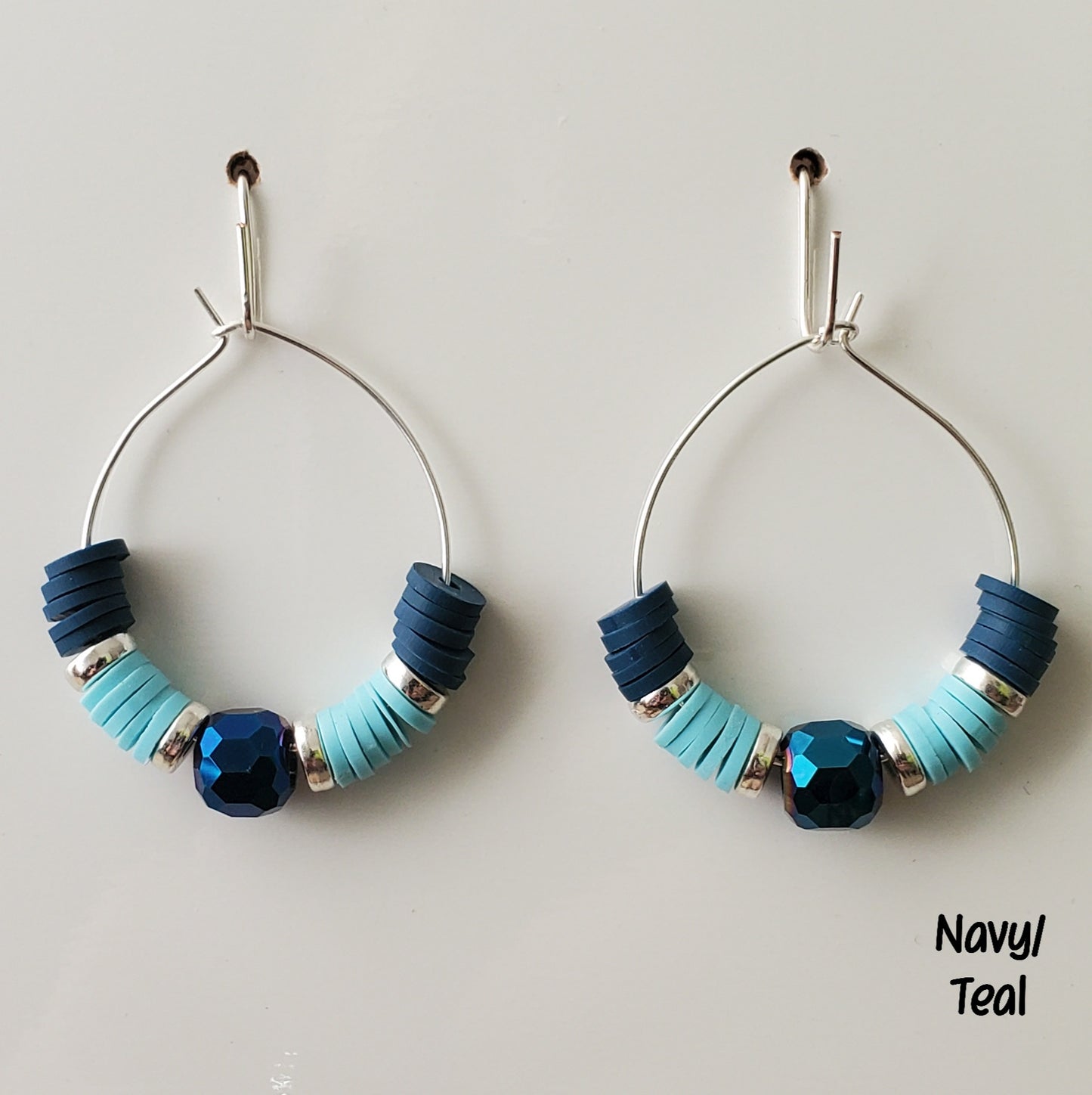 Clay & Crystal Hoop Earrings-Navy & Teal