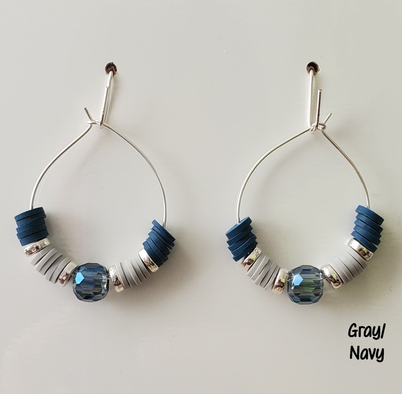 Clay & Crystal Hoop Earrings-Gray & Navy