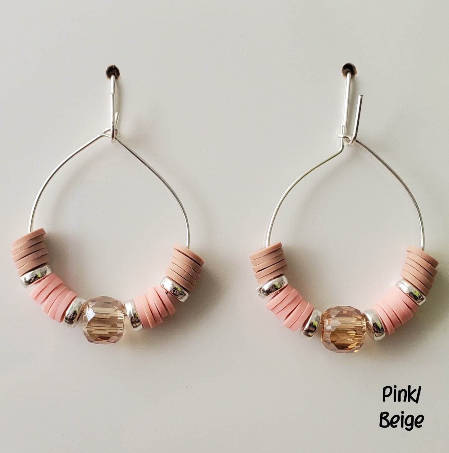 Clay & Crystal Hoop Earrings-Pink & Beige