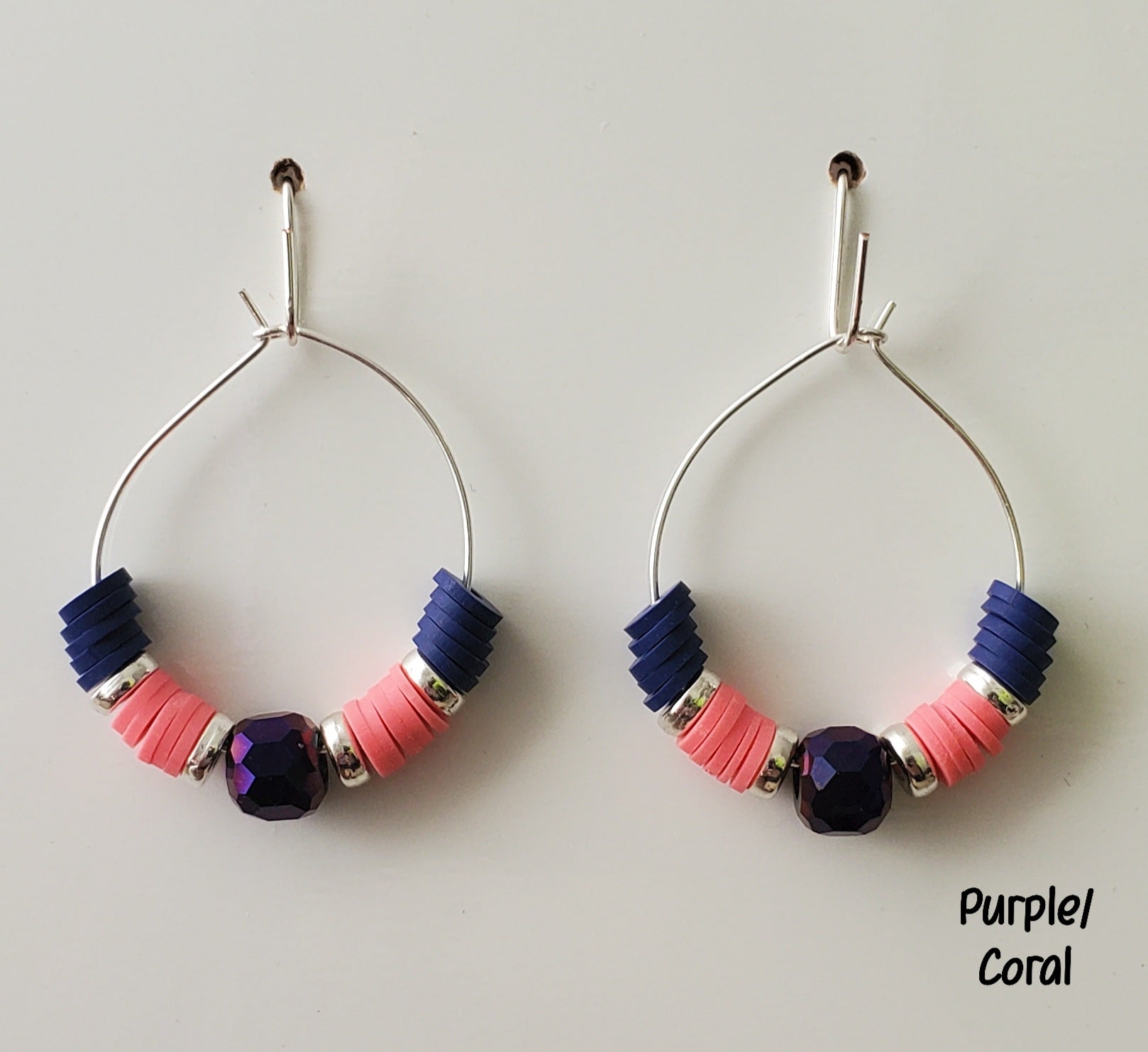 Clay & Crystal Hoop Earrings-Purple & Coral
