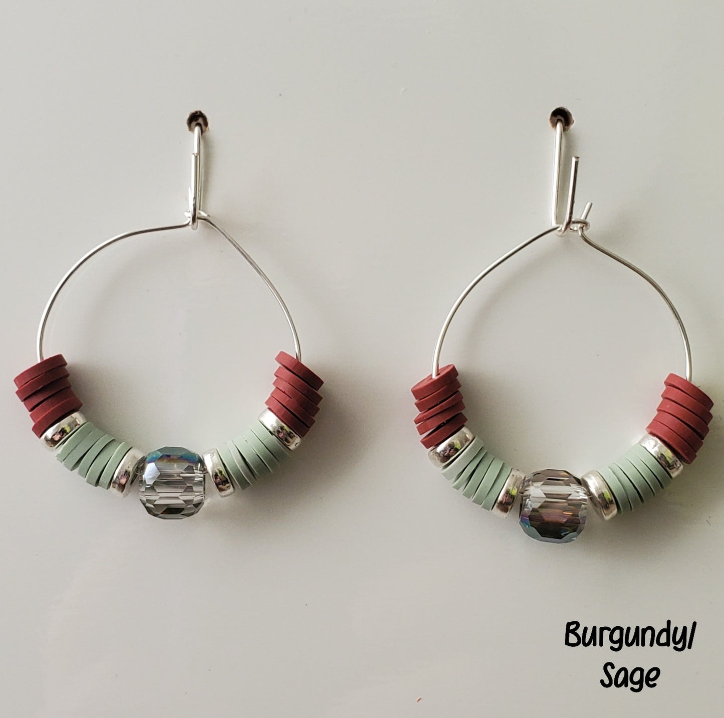 Clay & Crystal Hoop Earrings-Burgundy & Sage
