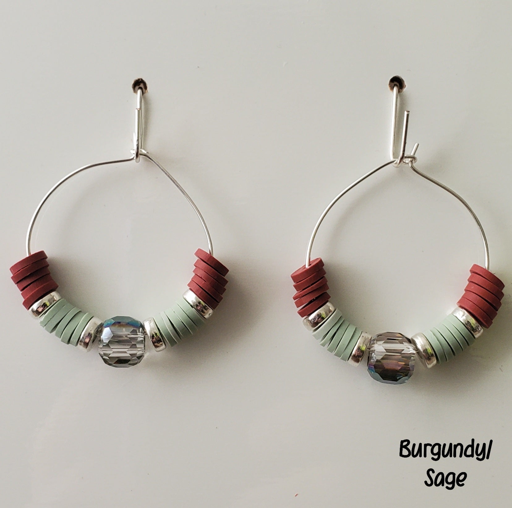 Clay & Crystal Hoop Earrings-Burgundy & Sage