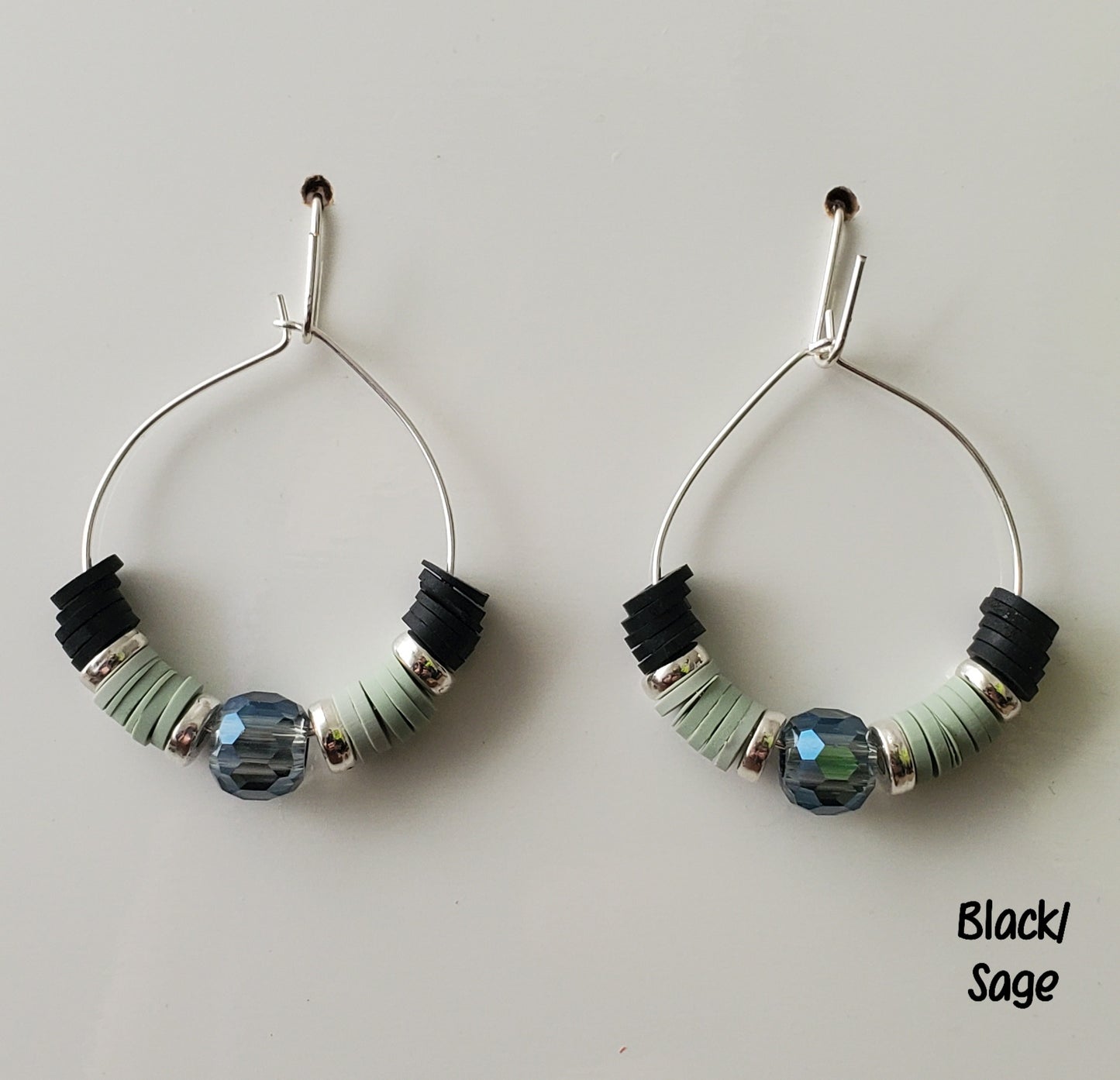 Clay & Crystal Hoop Earrings-Black & Sage