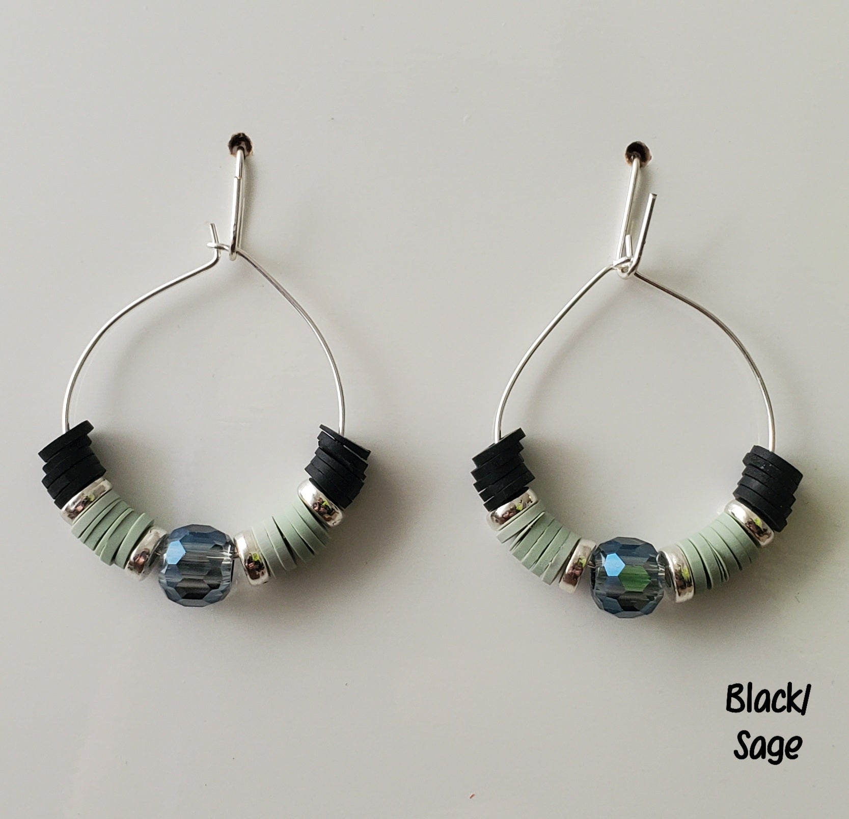 Clay & Crystal Hoop Earrings-Black & Sage