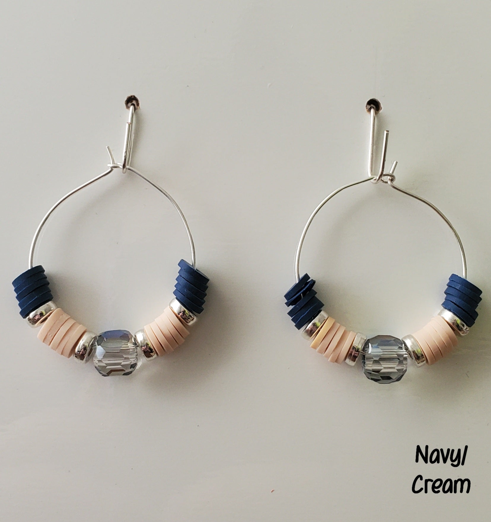 Clay & Crystal Hoop Earrings-Navy & Cream