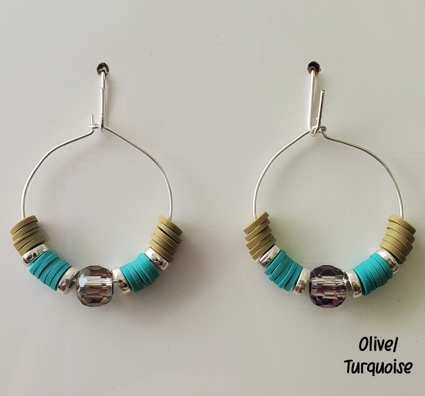 Clay & Crystal Hoop Earrings-Olive & Turquoise
