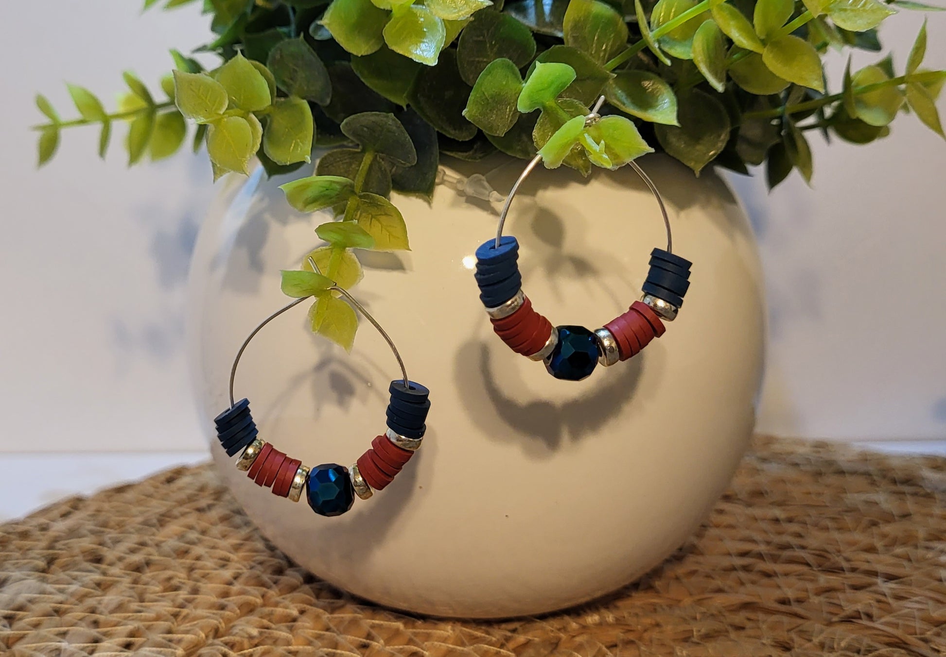 Clay & Crystal Hoop Earrings- Navy & Burgundy